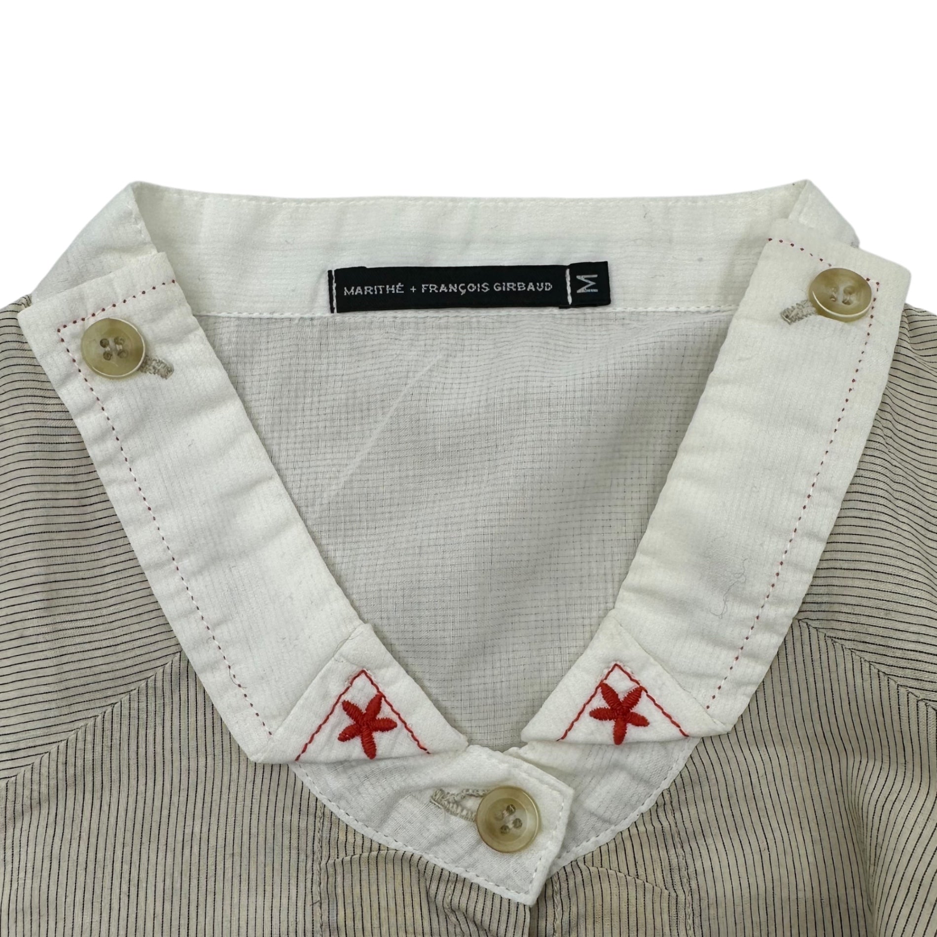 MARITHE FRANCOIS GIRBAUD(マリテフランソワジルボー) 00's Silk Cotton Red Stitching Flared Cleric Blouse 00年代 シルク コットン レッドステッチ フレア クレリック ブラウス F5-9008 M ベージュ×レッド
