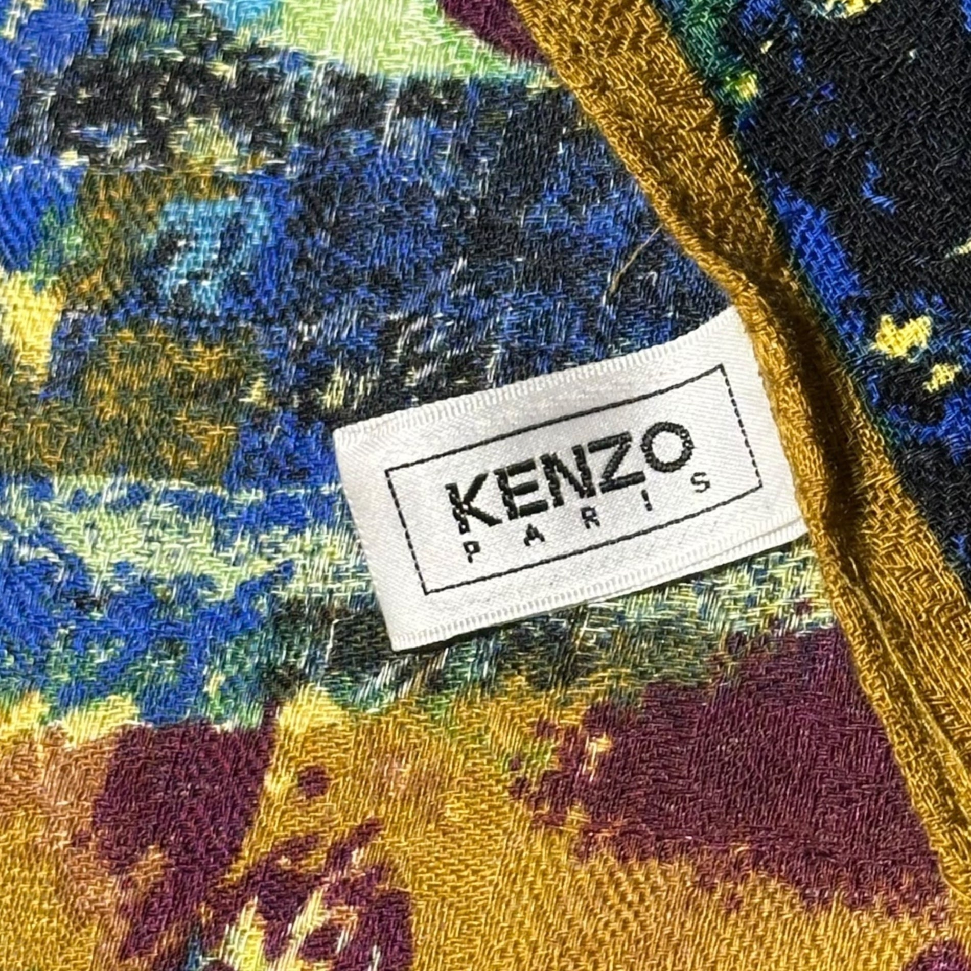 KENZO(ケンゾー) 90's Oil Painting Art Graphic Stole 油絵 アート グラフィック ウール シルク ストール ブルー 大判 スカーフ