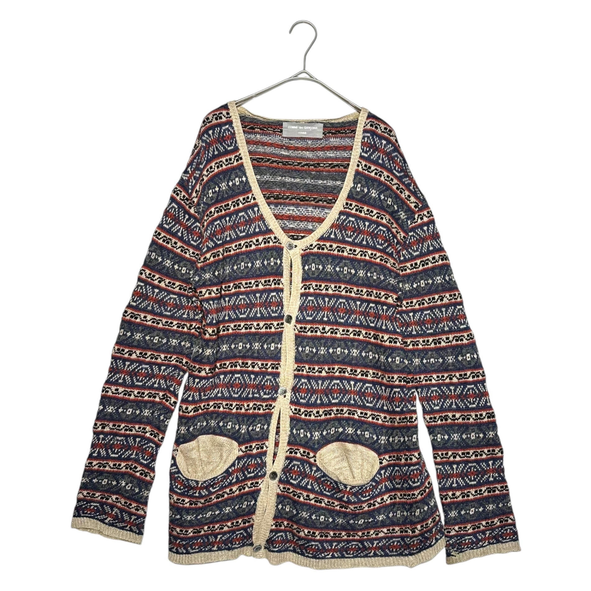 COMME des GARCONS HOMME(コムデギャルソンオム) 90's Linen/Wool Ethnic Knit Cardigan リネン/ウール エスニック ニット カーディガン 90年代 田中オム 田中啓一 HN-100040 FREE ブルー×レッド AD1997