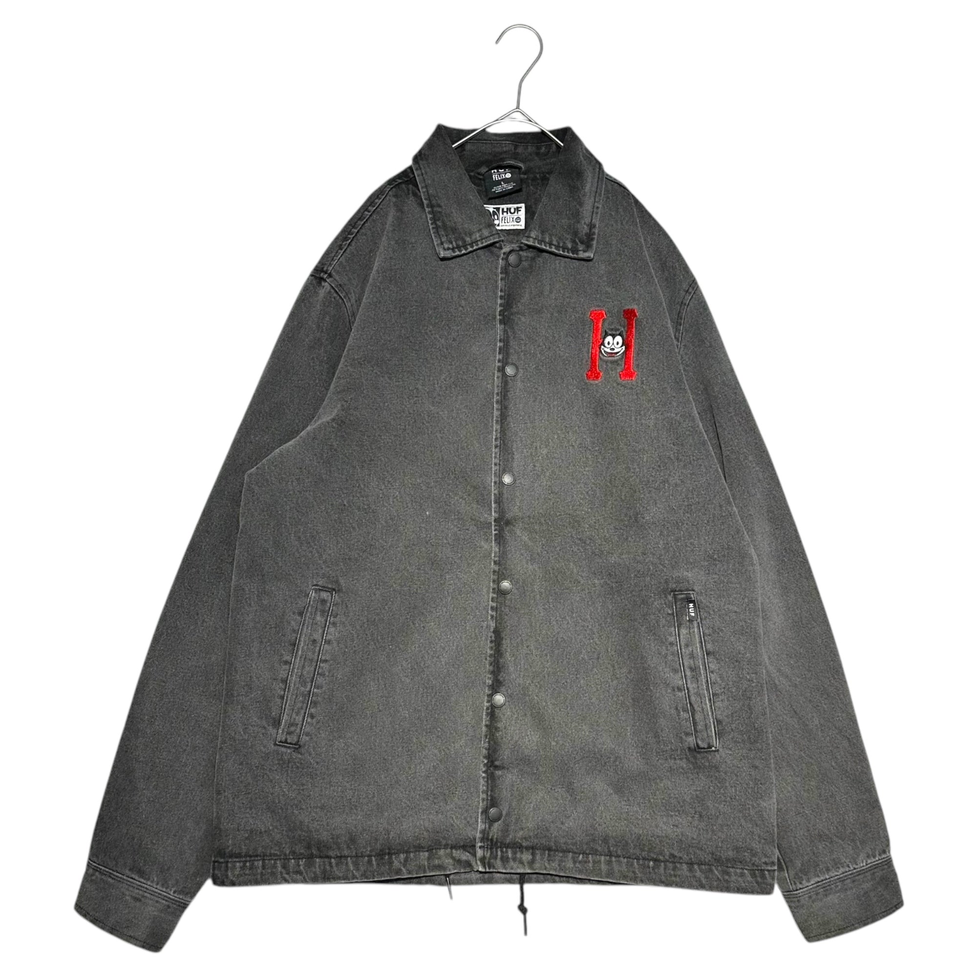 HUF(ハフ) FELIX logo black denim coach jacket フェリックス ロゴ ブラックデニム コーチ ジャケット L ブラック