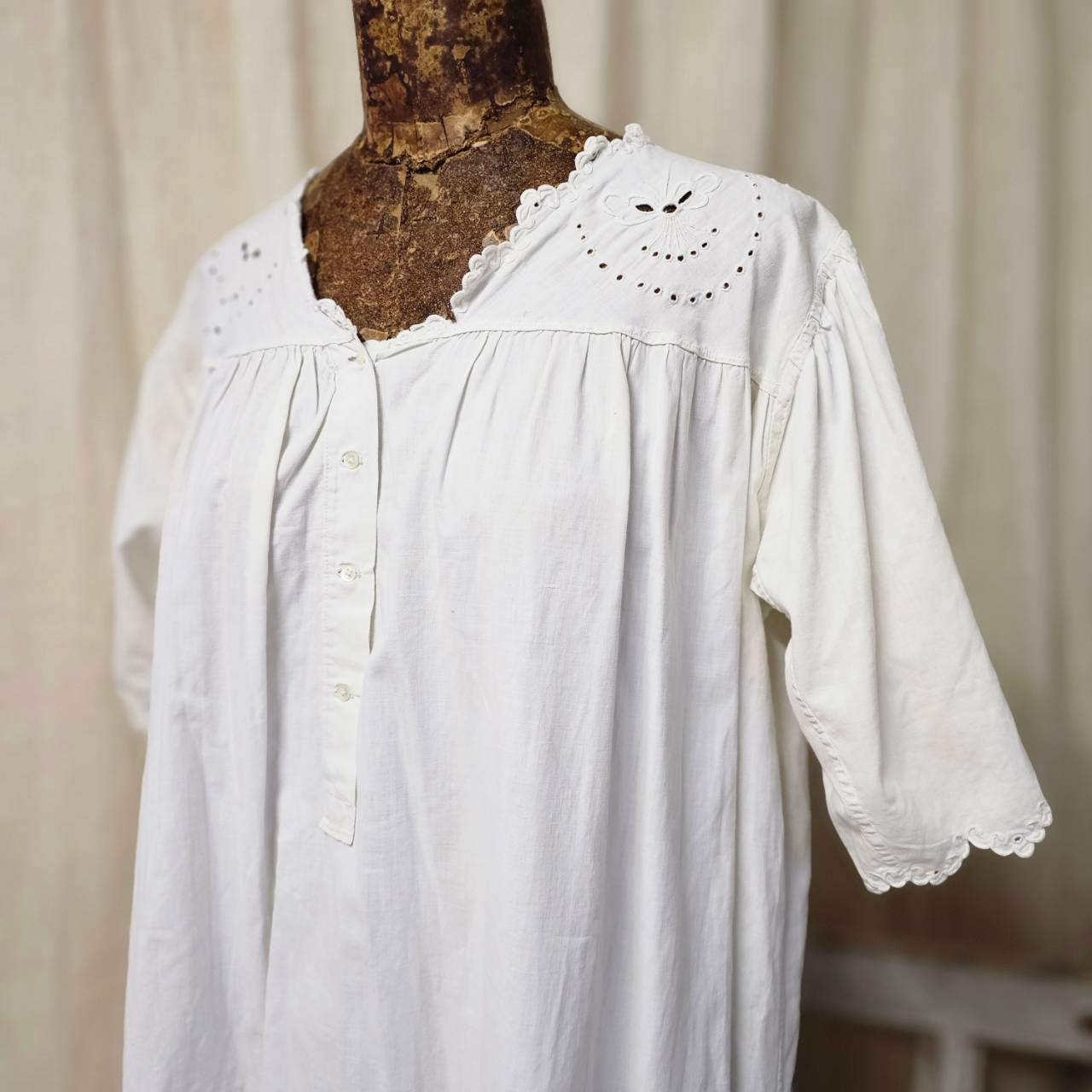 Euro Vintage(ヨーロッパヴィンテージ) Meduse_10'~20's french cotton flower embroidery short sleeve long dress /フレンチコットン花刺繍半袖ロングワンピース 表記なし(Mサイズ程度) ホワイト