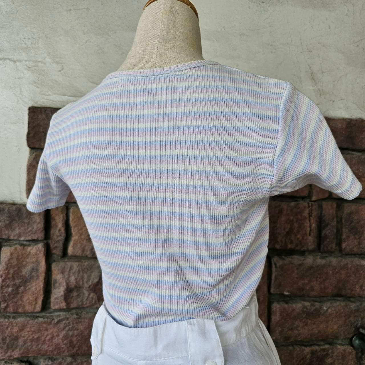 Euro vintage(ヨーロッパヴィンテージ) 70's~pale blue pink white pin stripe mini tee ペールトーンなミニTシャツ Sサイズ マルチカラー