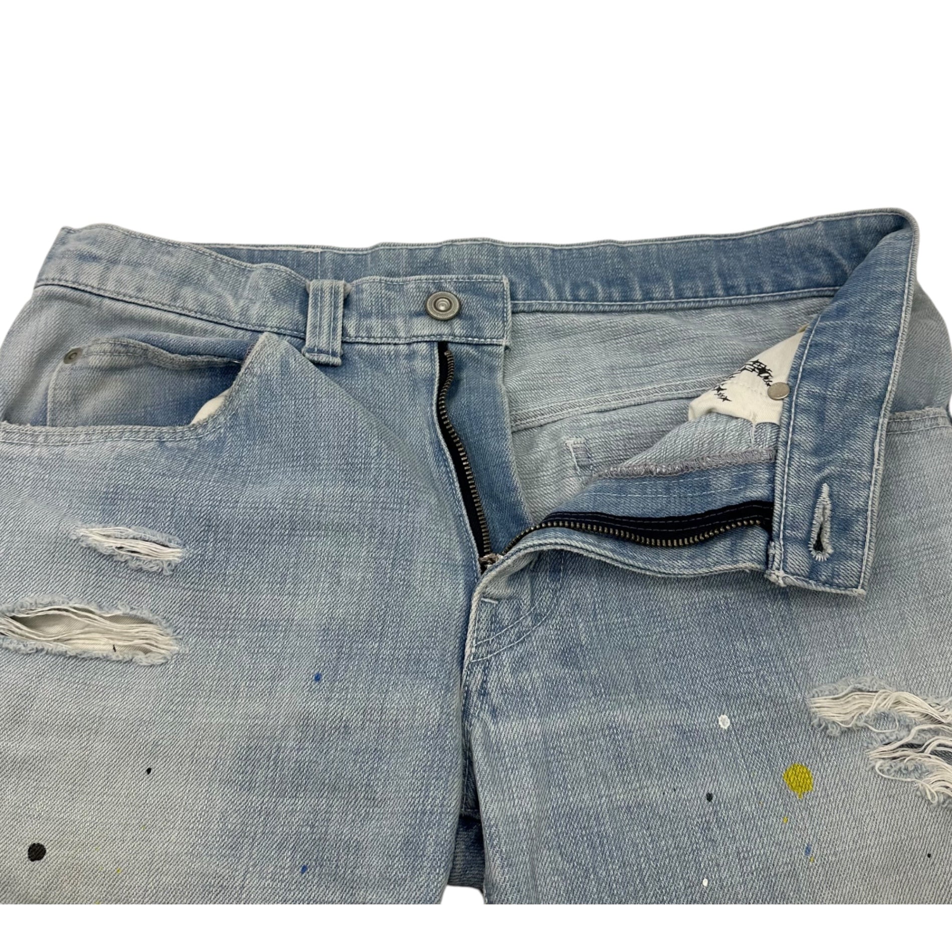 SKINS(スキンズ) Painted Flared Denim Pants ペンキ ダメージ 加工 フレア デニム パンツ 2(M程度) ライトインディゴ 日本製
