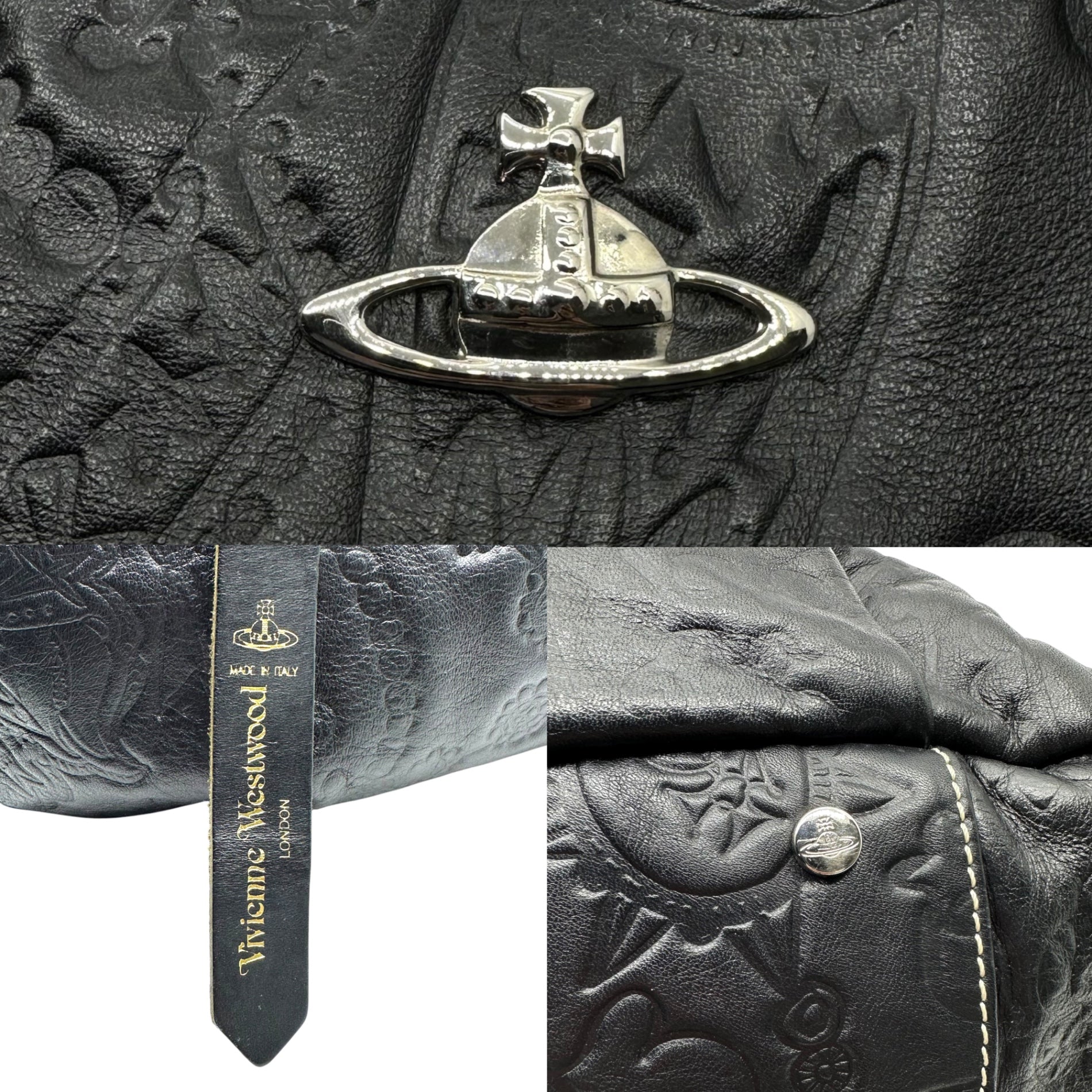 Vivienne Westwood(ヴィヴィアンウエストウッド) Orb logo embossed leather handbag オーブ ロゴ 型押し レザー ハンドバッグ ブラック 肩掛け ドクロ 星 ペイズリー