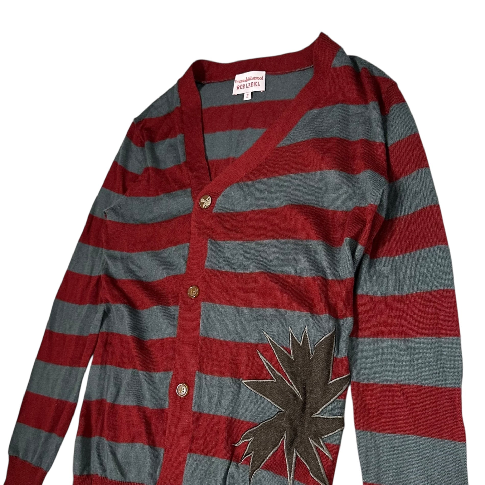 Vivienne Westwood RED LABEL(ヴィヴィアンウエストウッドレッドレーベル) Front Design Striped Wool Knit Cardigan フロント デザイン ボーダー ウール ニット カーディガン 16-01-152020 2(M程度) グレー×レッド