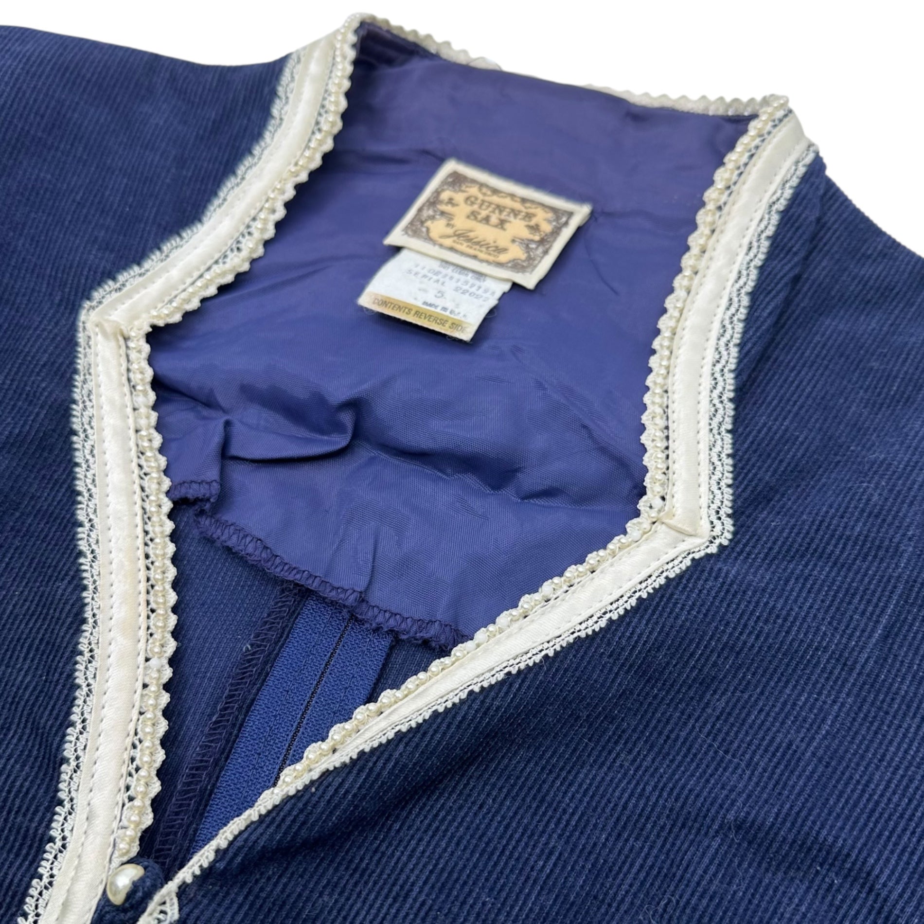 GANNE SAX(ガニーサックス) 70's Pearl Button Puff Sleeve Corduroy Long Dress パールボタン パフスリーブ コーデュロイ ロング ワンピース 5(7号 S程度) ネイビー 70年代 ヴィンテージ