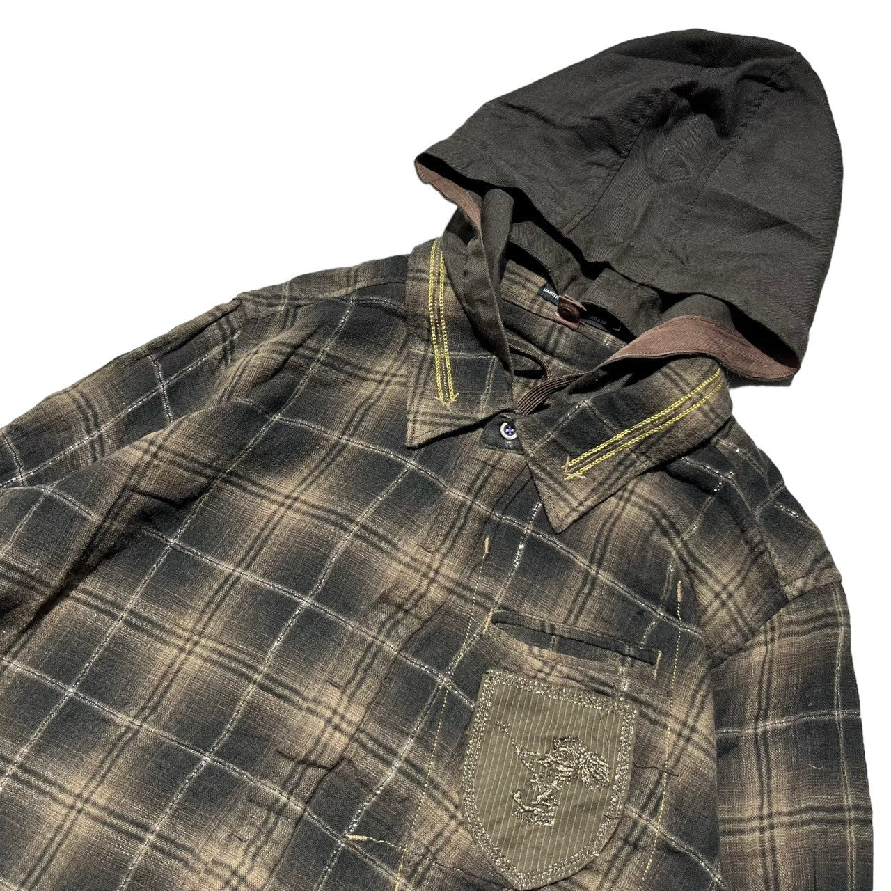 MARITHE FRANCOIS GIRBAUD(マリテフランソワジルボー) 00’sフーデットチェックネルシャツ/フード着脱可/ドッキング/リメイク加工 M7-5207 L ブラック×ブラウン Y2K