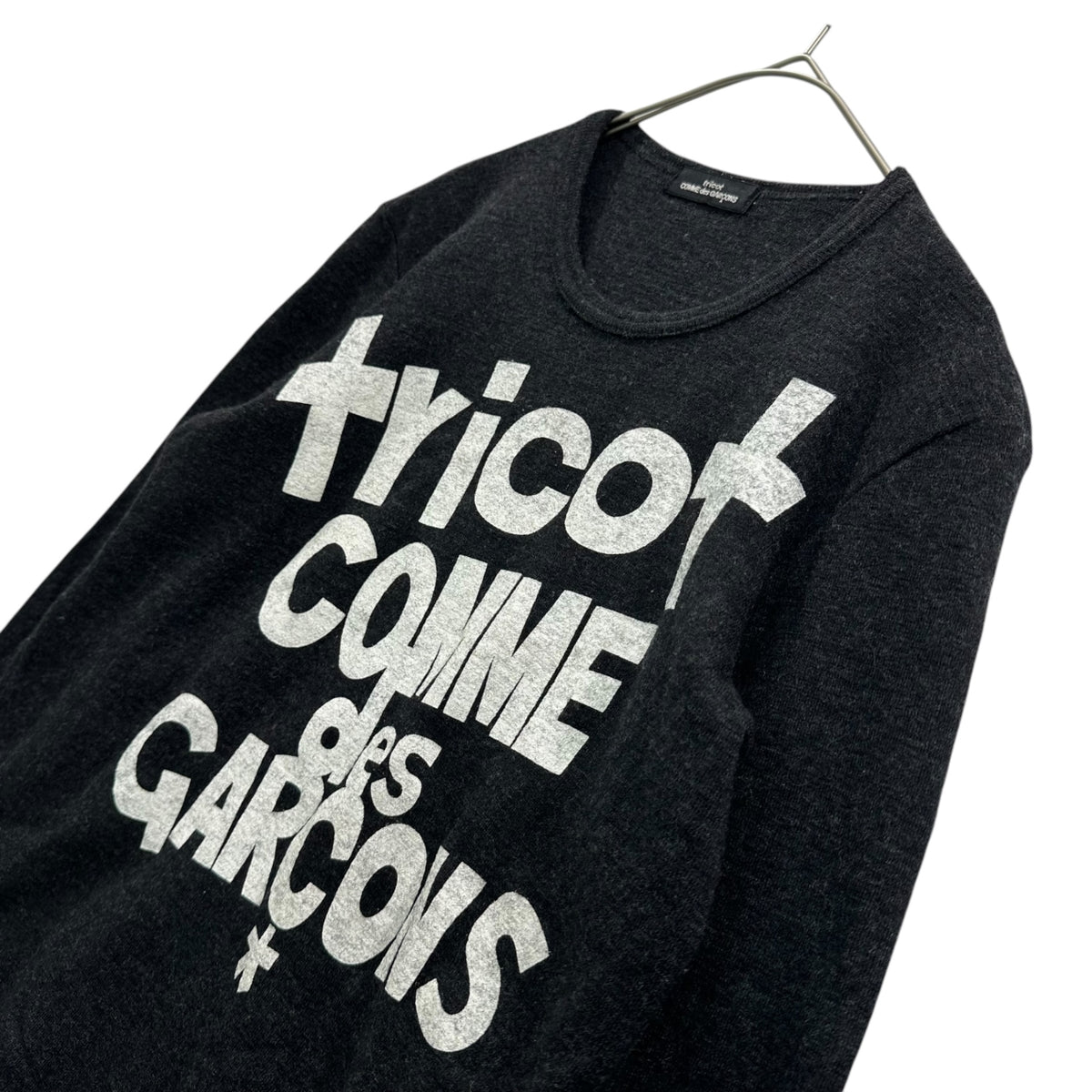tricot COMME des GARCONS(トリココムデギャルソン) 2002AW Paint Logo Crewneck Knit ペンキロゴ クルーネック ニット TH-T048 FREE チャコールグレー×ホワイト AD2002 00s アーカイブ