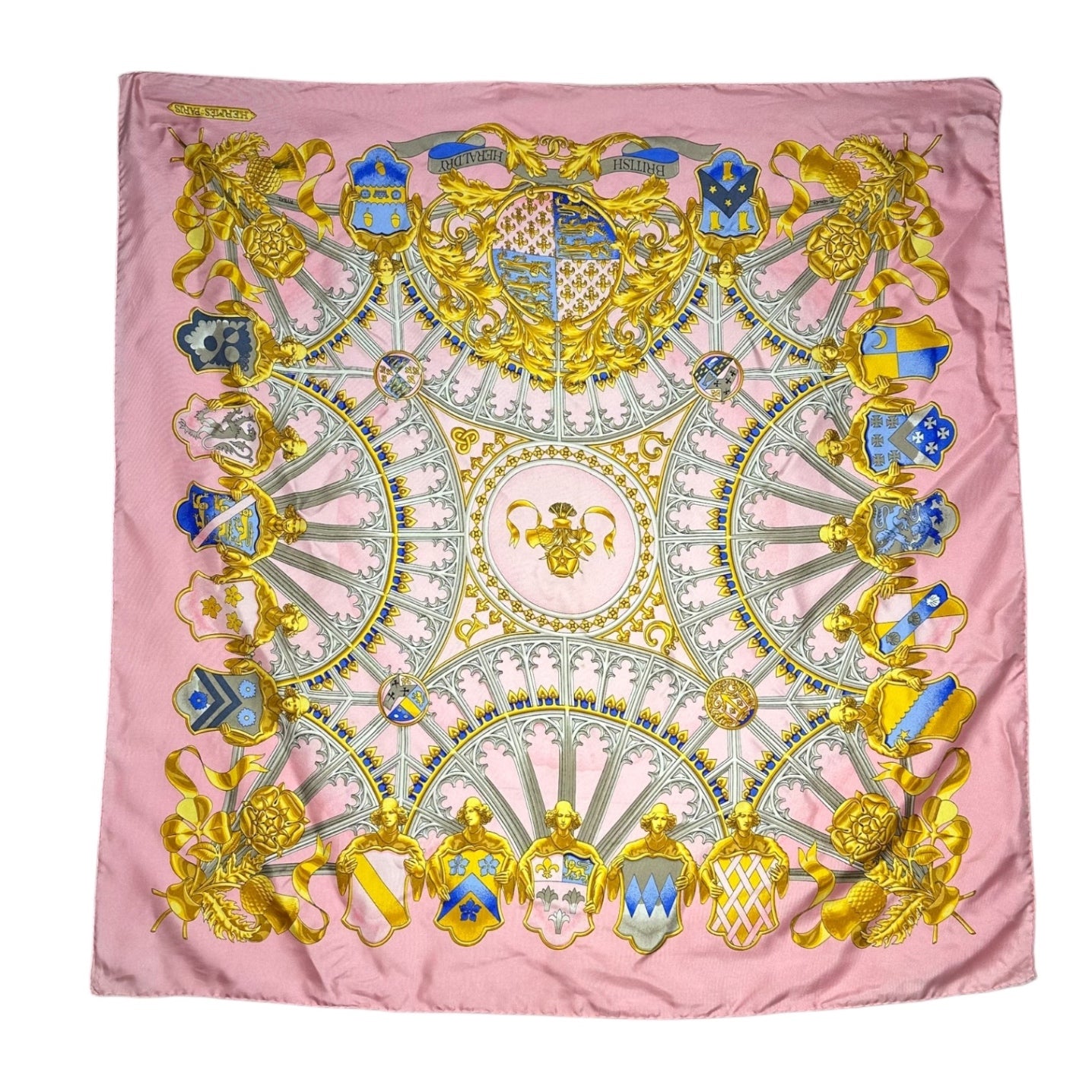 HERMES(エルメス) Carres 90 ”PAR MEFSIRE ANTOINE DE PLVVINEL” カレ 90 ピンク シルク スカーフ BRITISH HERALDRY