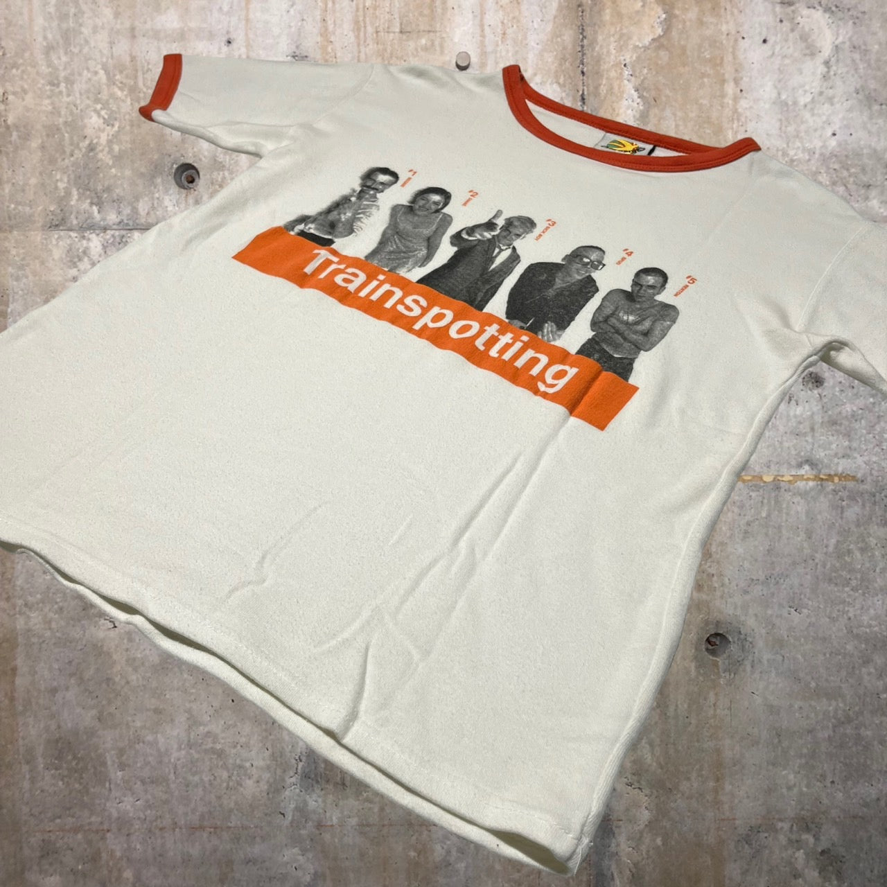 UNDERWORLD(アンダーワールド) 90's trainspotting TEE/リンガーTシャツ/トレインスポッティング/ムービーTシャツ 表記無し(Sサイズ程度) ホワイト×オレンジ 当時物 1996年 Underworld Born Slippy 映画