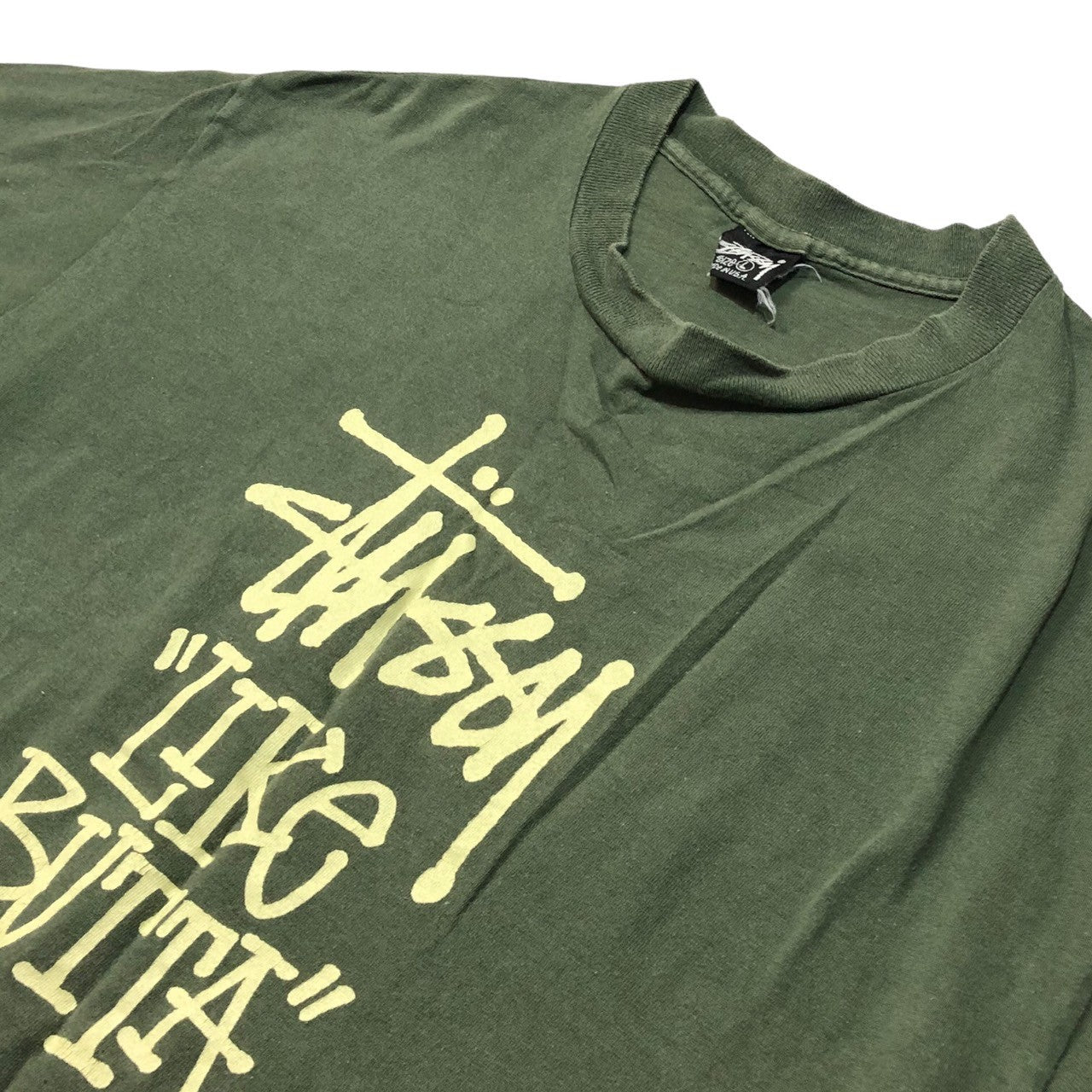 STUSSY(ステューシー) 80's VINTAGE LIKE BUTTA Tシャツ ヴィンテージ 黒タグ SIZE L グリーン USA製 80年代 OLD STUSSY ショーンフォント