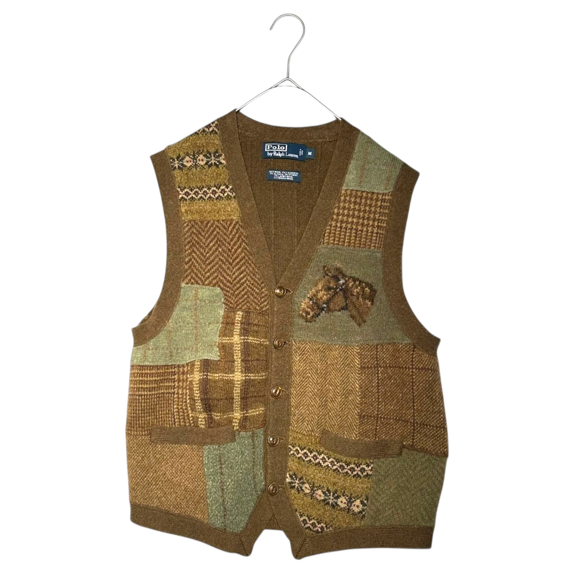 POLO RALPH LAUREN(ポロラルフローレン) Patchwork Cashmere-Blend Wool Knit Cardigan Vest パッチワーク カシミア混 ウール ニット カーディガン ベスト M ブラウン