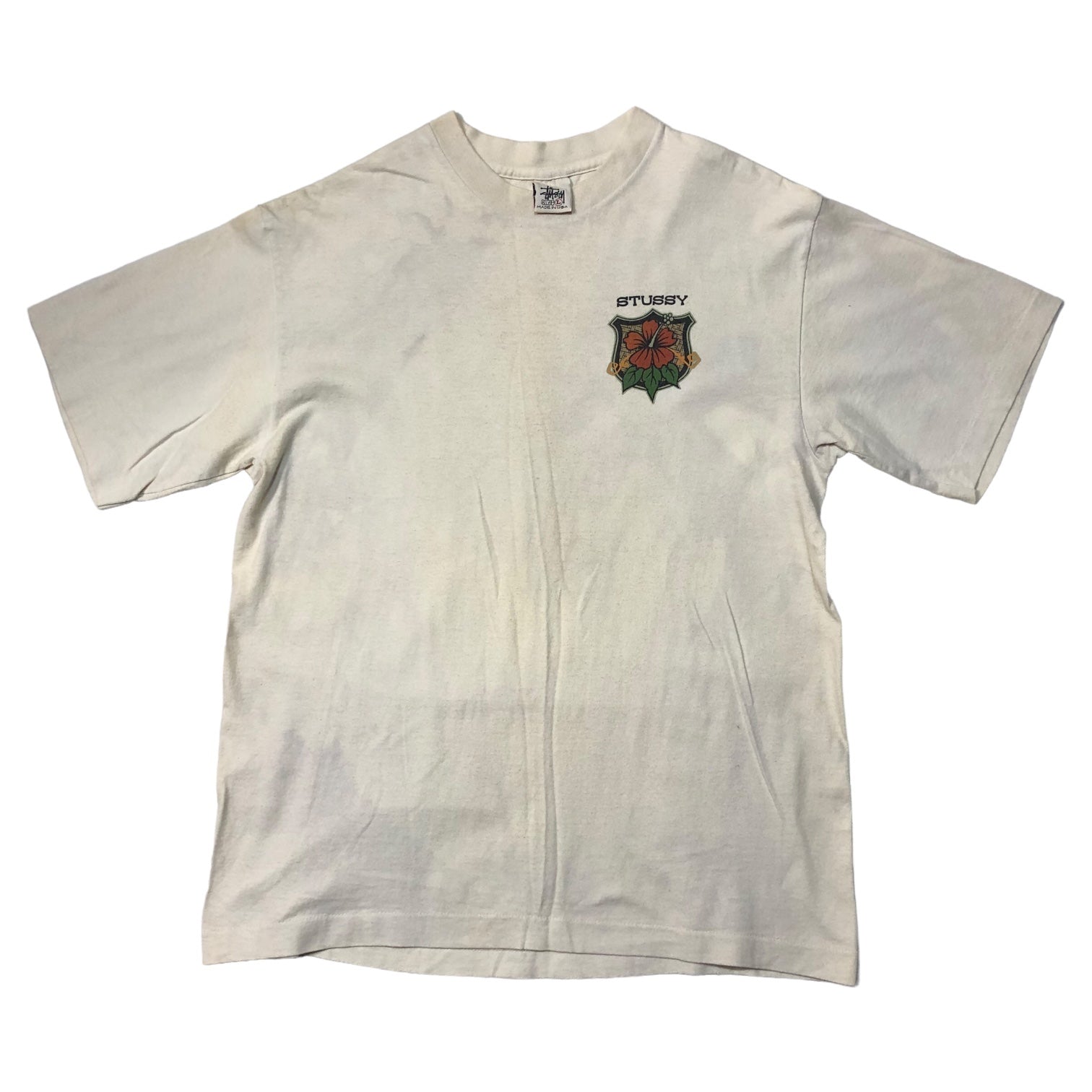 STUSSY(ステューシー) 90's VINTAGE hibiscus ハイビスカス Tシャツ 白タグ SIZE L アイボリー USA製 90年代 OLD STUSSY