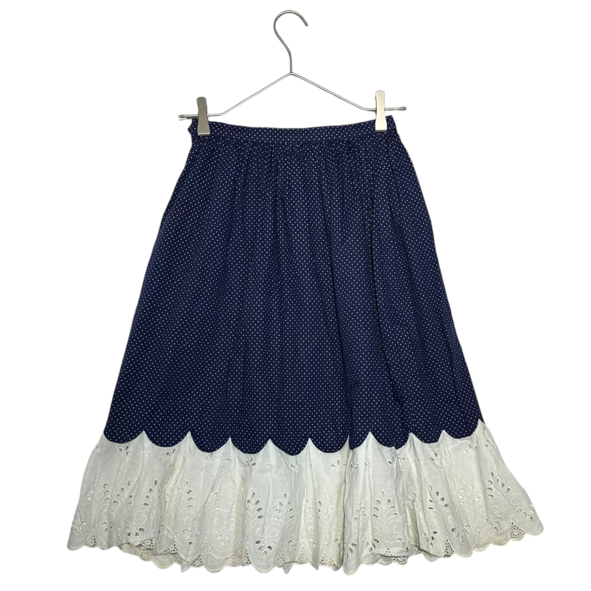 Euro vintage(ヨーロッパヴィンテージ) 70's~ Mizutama_dot printed knee length skirt with embroidery lace 水玉とエンブロイダリーレースのひざ丈スカート 表記無し(S~M程度) ブルー×ホワイト