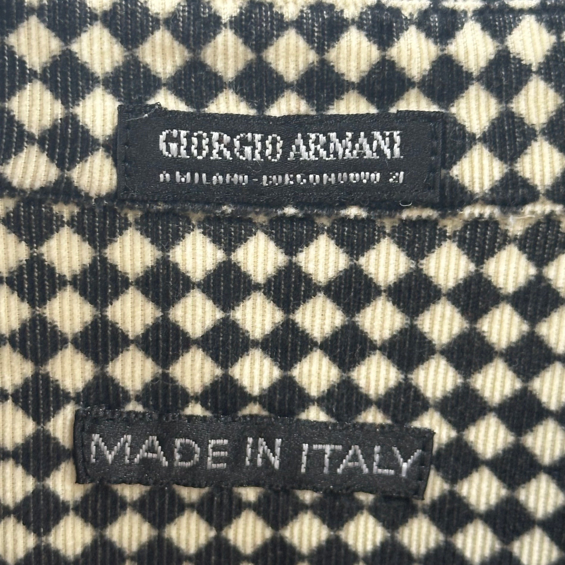 GIORGIO ARMANI(ジョルジオアルマーニ) 1993AW Harlequin Check Corduroy Shirt ハーリキン チェック 細畝 コーデュロイ シャツ 52(XL程度) ブラック×アイボリー 90's 90年代 ヴィンテージ