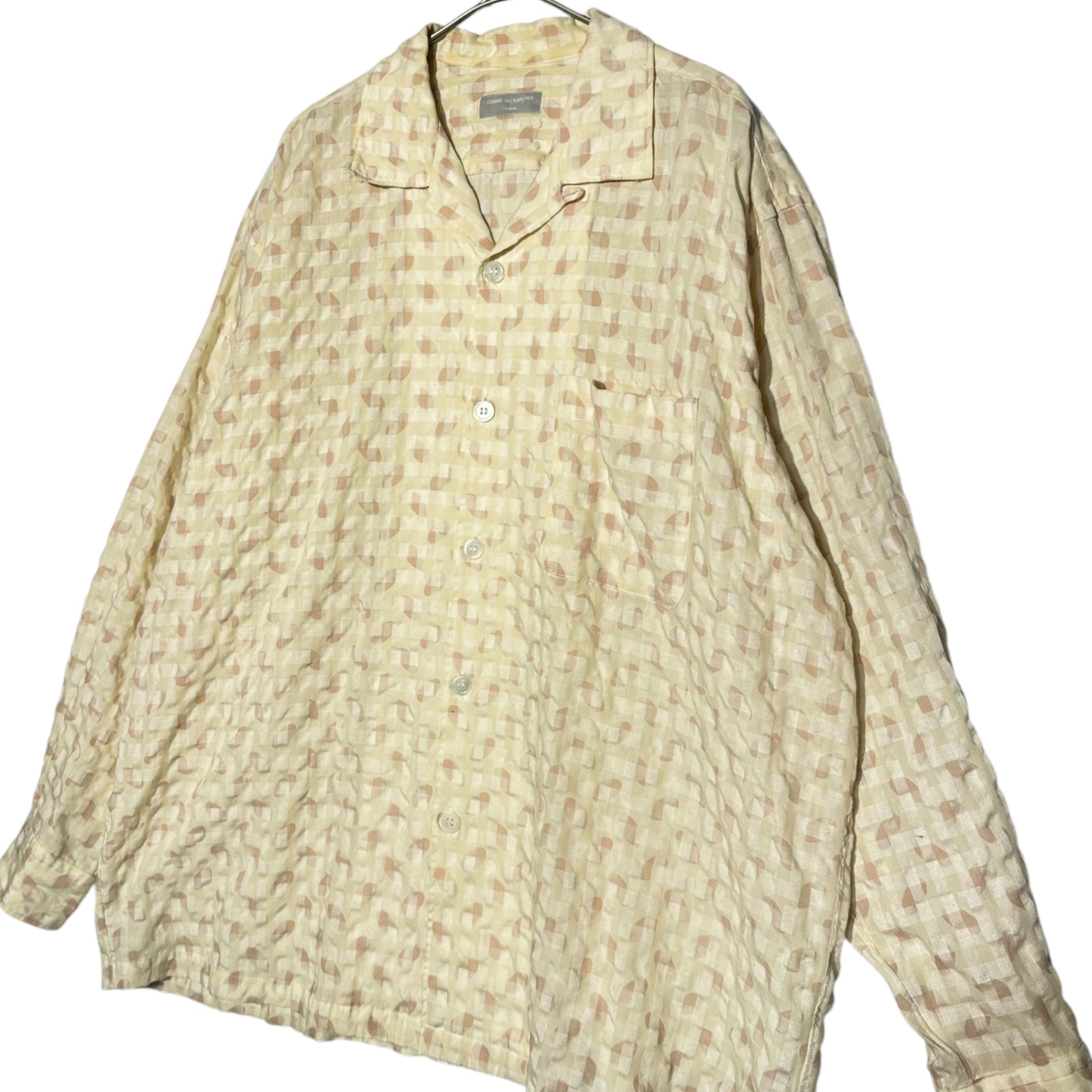 COMME des GARCONS HOMME(コムデギャルソンオム) 80's 3D check oval all over pattern open collar shirt 80年代 立体チェック 楕円 総柄 オープンカラー シャツ 川久保玲 本人期 HB-040040 FREE アイボリー×ピンク