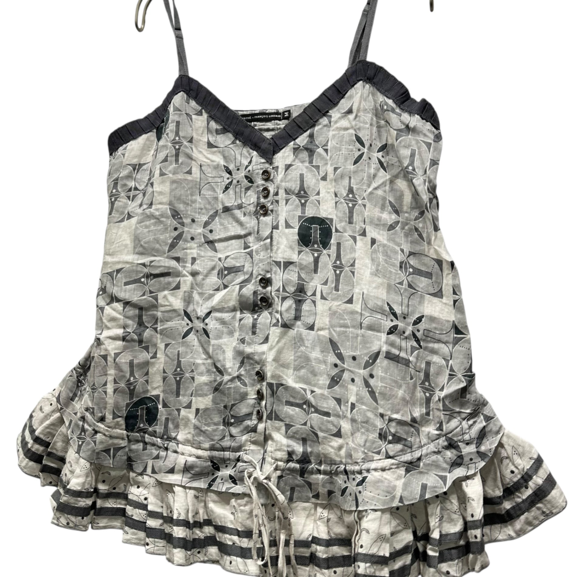 MARITHE FRANCOIS GIRBAUD(マリテフランソワジルボー) 00's All-over print linen camisole blouse 総柄 リネン キャミソール ブラウス F6-5356 M グレー Y2K ビスチェ フレア