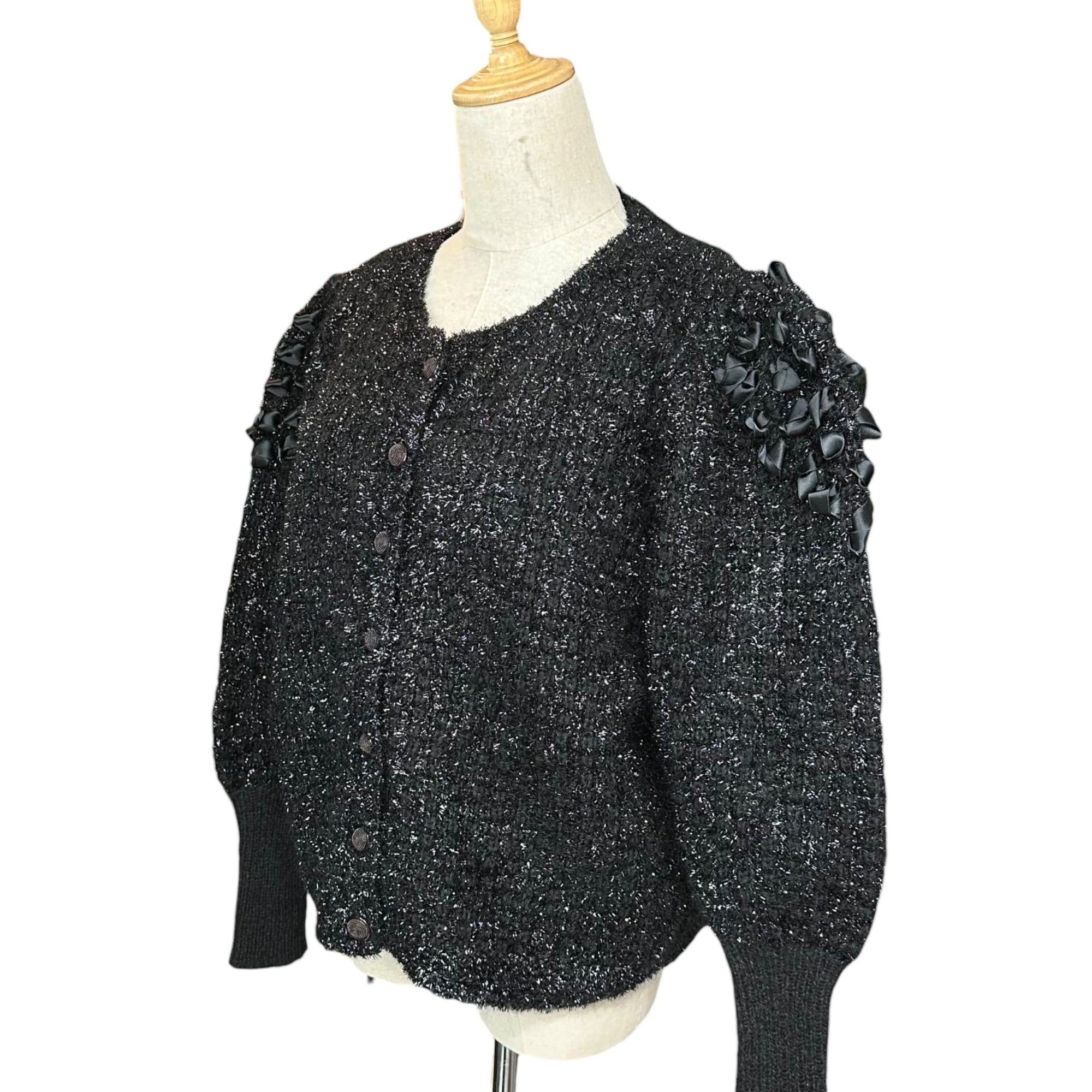 YVES SAINT LAURENT(イヴサンローラン) Vintage Lame Ribbon Crew Neck Knit Cardigan ヴィンテージ ラメ リボン クルーネック ニット カーディガン ST41-884 M ブラック