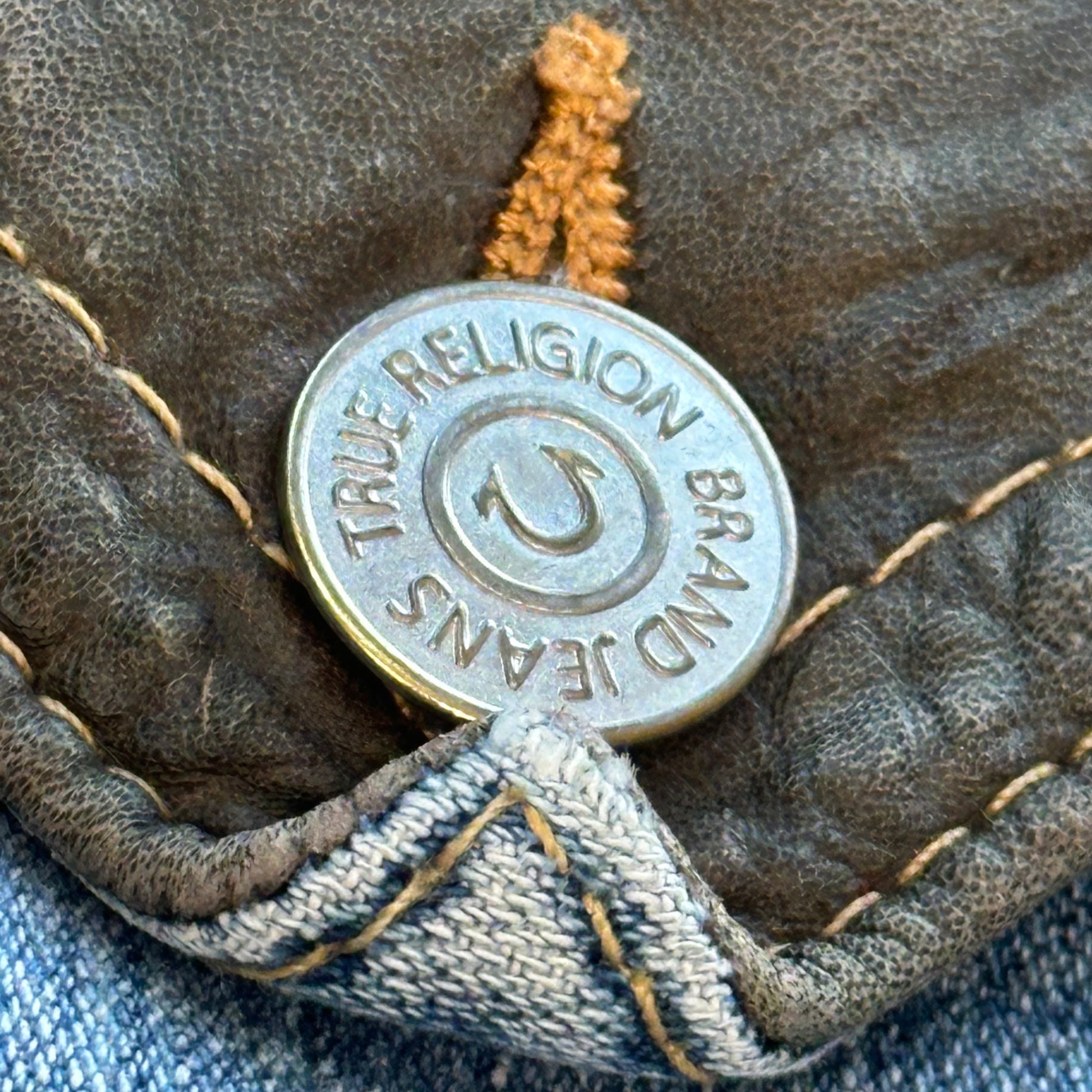 TRUE RELIGION(トゥルーレリジョン) 00's Leather Pocket Wide Flare Denim Pants レザー ポケット ワイド フレア デニム パンツ 04-803LF W33 L33 ライトインディゴ Y2K