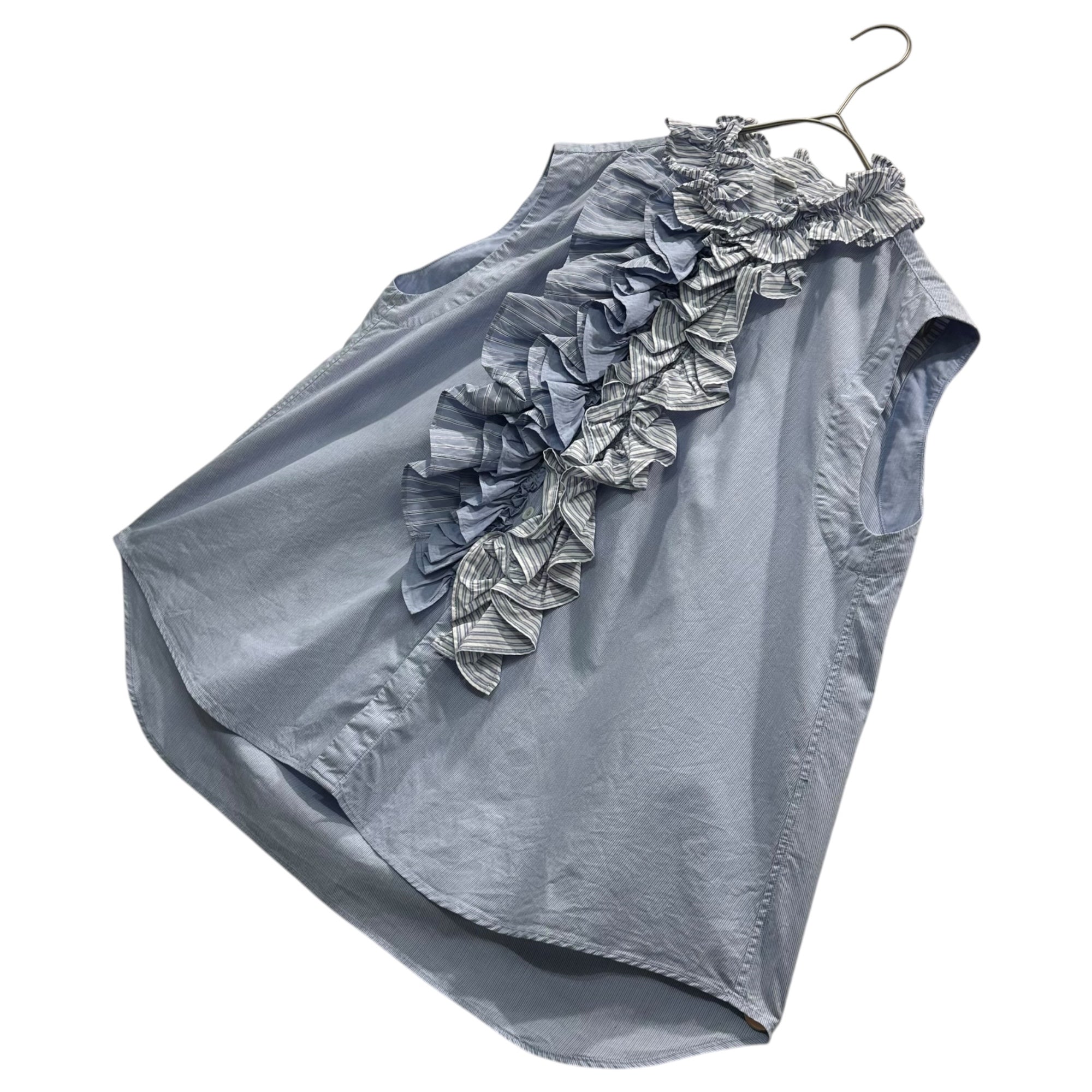 45R(フォーティファイブ・アール) 2024SS Broadcloth Mixed-Ruffle Sleeveless Top ブロードのミックスフリルノースリーブトップ 参考定価46200円 70630532-75-03 3(L程度) スカイブルー×ホワイト ストライプ フリル