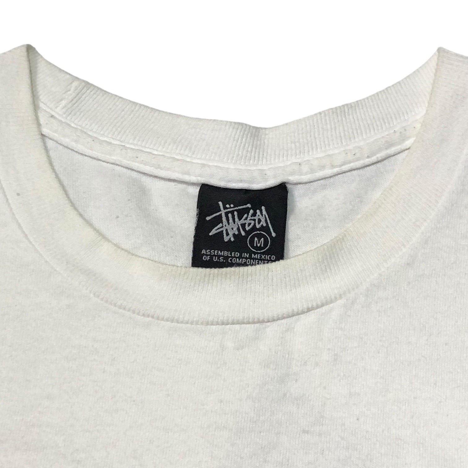 STUSSY(ステューシー) 00's VINTAGE flocky print TRIBE Tシャツ M ホワイト バックプリント クローバー×ソード OLD STUSSY
