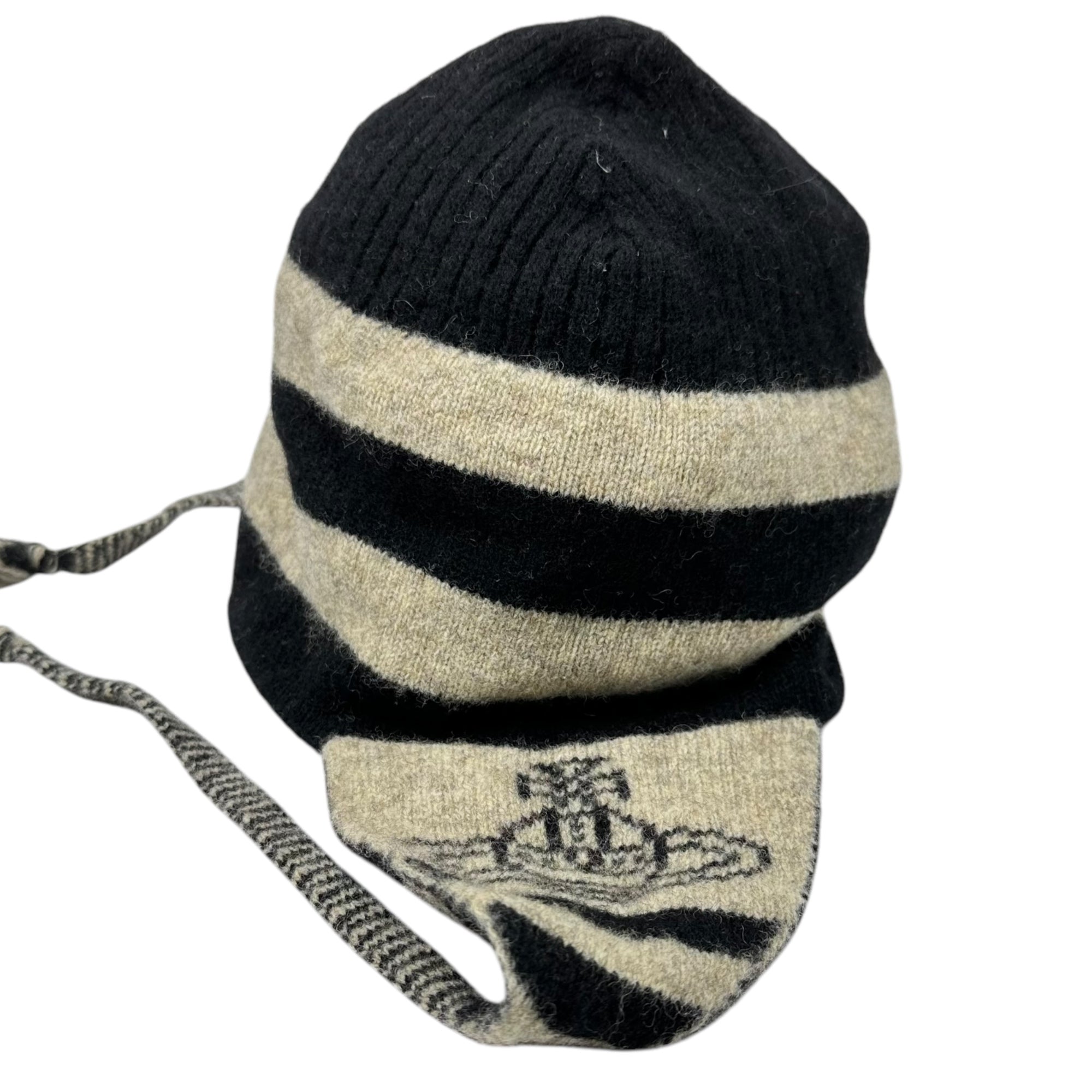 Vivienne Westwood ACCESSORIES(ヴィヴィアンウエストウッドアクセサリー) 00's knit hat with ear flaps 耳当て付き ニット帽 ブラック×グレー ムーンバットタグ Y2K ビーニー