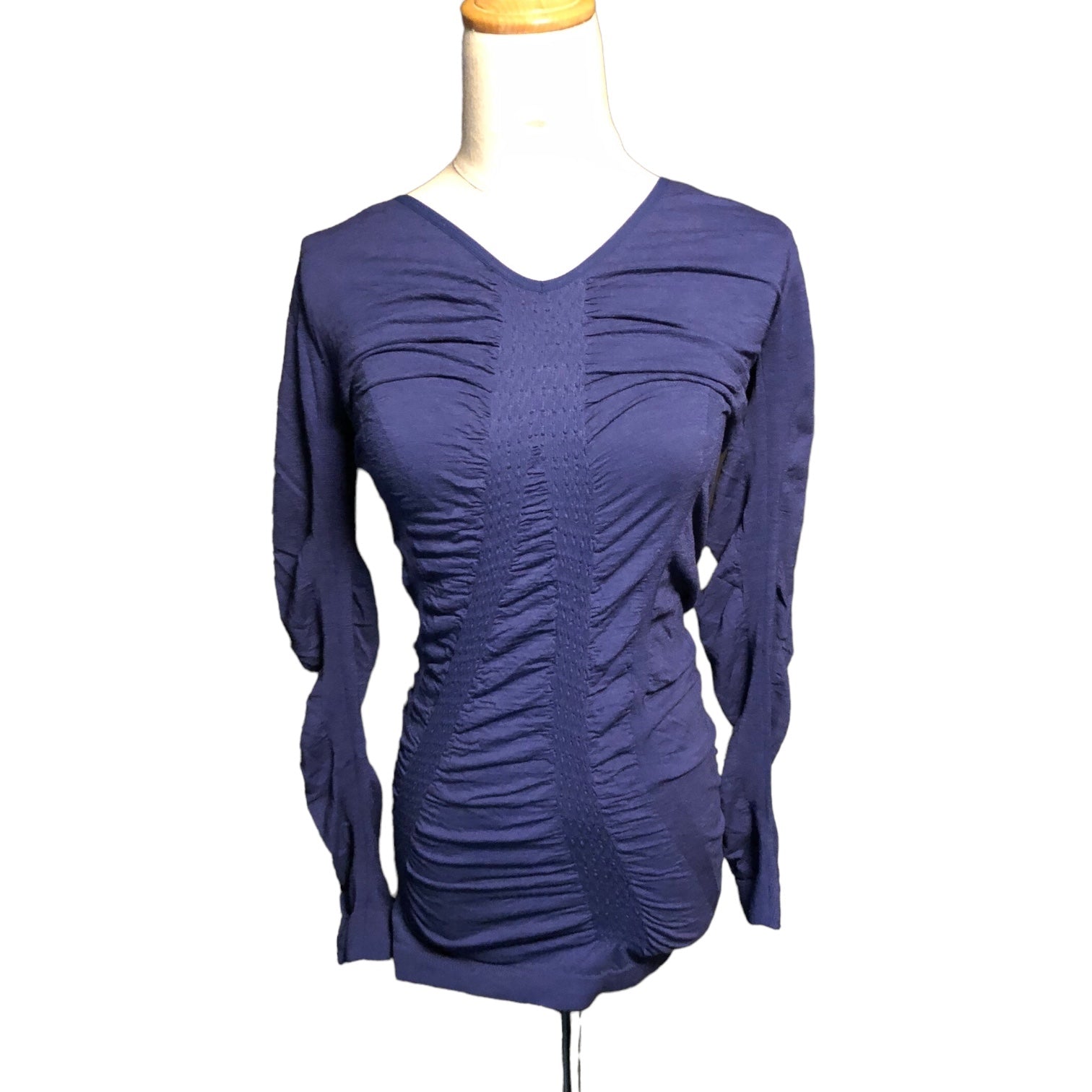 MARITHE FRANCOIS GIRBAUD(マリテフランソワジルボー) 00's Gathered V neck cut and sew ギャザー Vネック カットソー F7-6534 M ブルー Y2K ニット ギミック