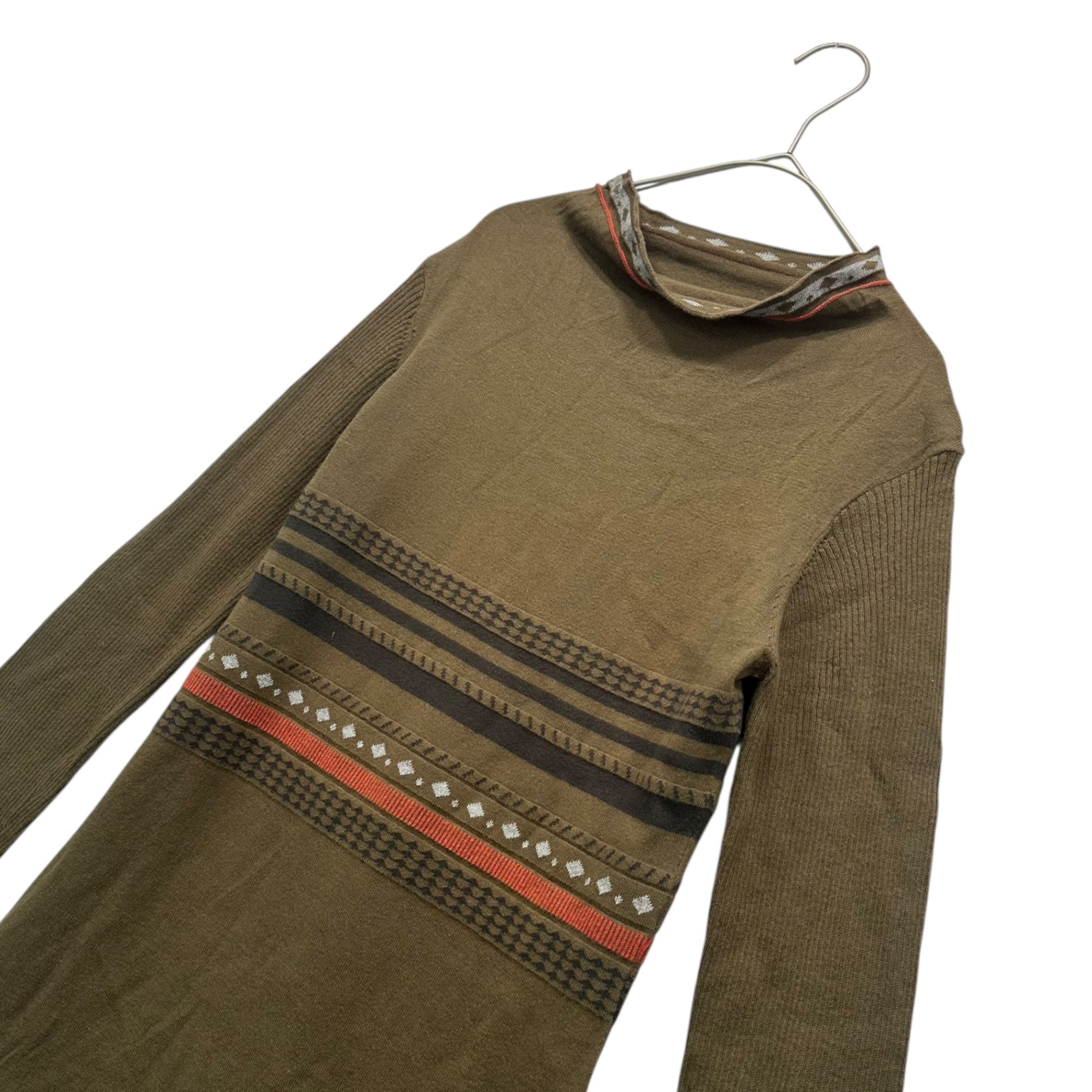 MARITHE FRANCOIS GIRBAUD(マリテフランソワジルボー) 00's Flared Knit Design Dress フレア ニット デザイン ワンピース F7-9603 S オリーブ Y2K 長袖 ミニ丈