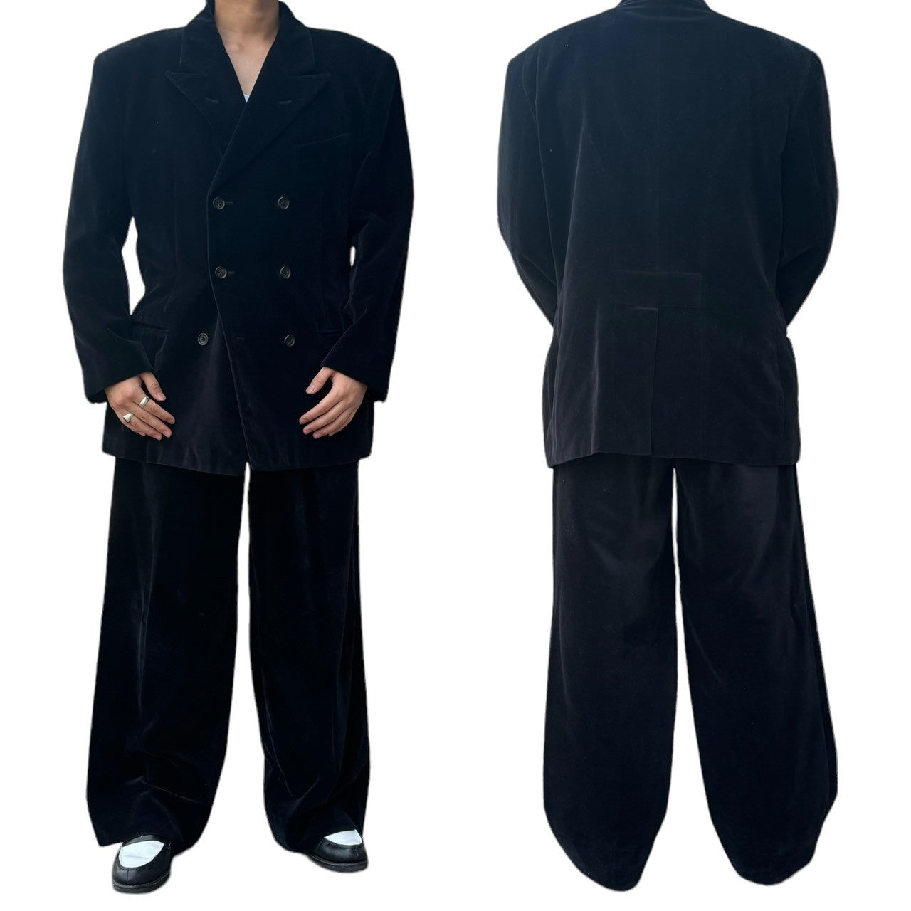 COMME des GARCONS HOMME PLUS(コムデギャルソンオムプリュス) 88AW Archive velor double set-up suit アーカイブ ベロア ダブル セットアップ スーツ PJ-05056M M ブラック 80's 80年代 テーラード ワイド パンツ スラックス 本人期