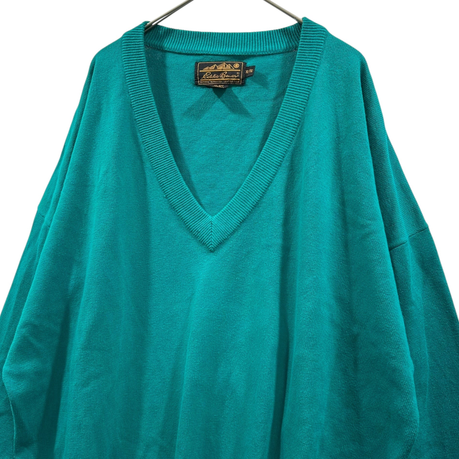 Eddie Bauer(エディーバウアー) 80's~90's UK made V-neck cotton knit Vネック コットン ニット XL グリーン 80年代~90年代 ヴィンテージ UNITED KINGDOM