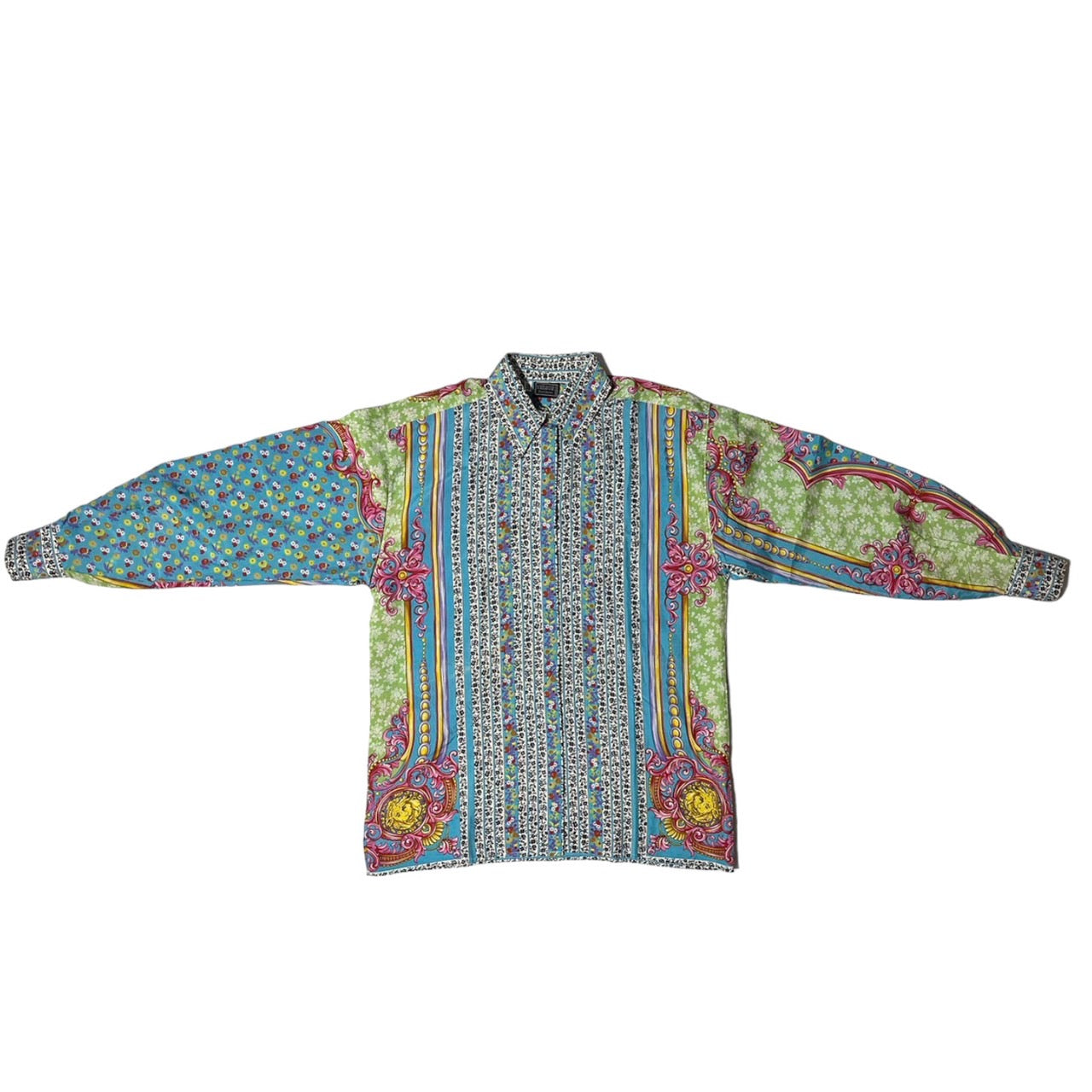 VERSUS VERSACE(ヴェルサスヴェルサーチ) 90~00's allover scarf shirt/総柄スカーフシャツ/デザインボタン/ヴィンテージ SIZE 40/26(Lサイズ程度) ブルー×ピンク シルク100%/フラワーストライプ
