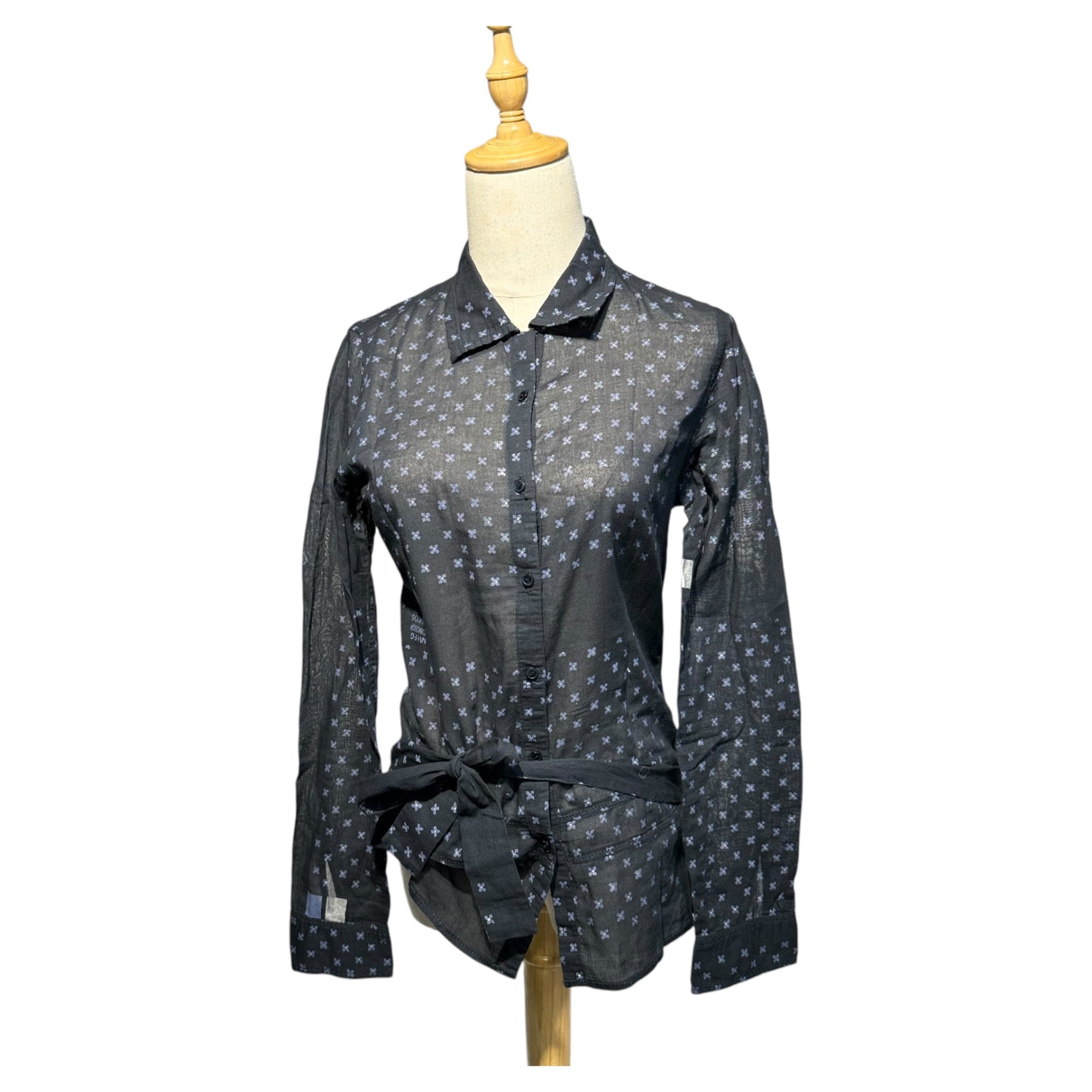 MARITHE FRANCOIS GIRBAUD(マリテフランソワジルボー) 00's Allover Logo Belted Sheer Blouse 総柄 ロゴ ベルテッド シアー シャツ ブラウス F6-5178 M ネイビー Y2K