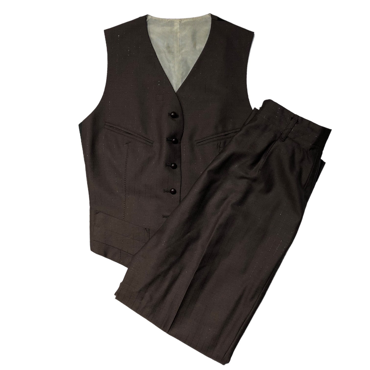 Jean Paul GAULTIER FEMME(ジャンポールゴルチエファム) 90's Lame stripe gilet setup ラメ ストライプ ジレ セットアップ 40(L程度) ブラウン スラックス ベスト