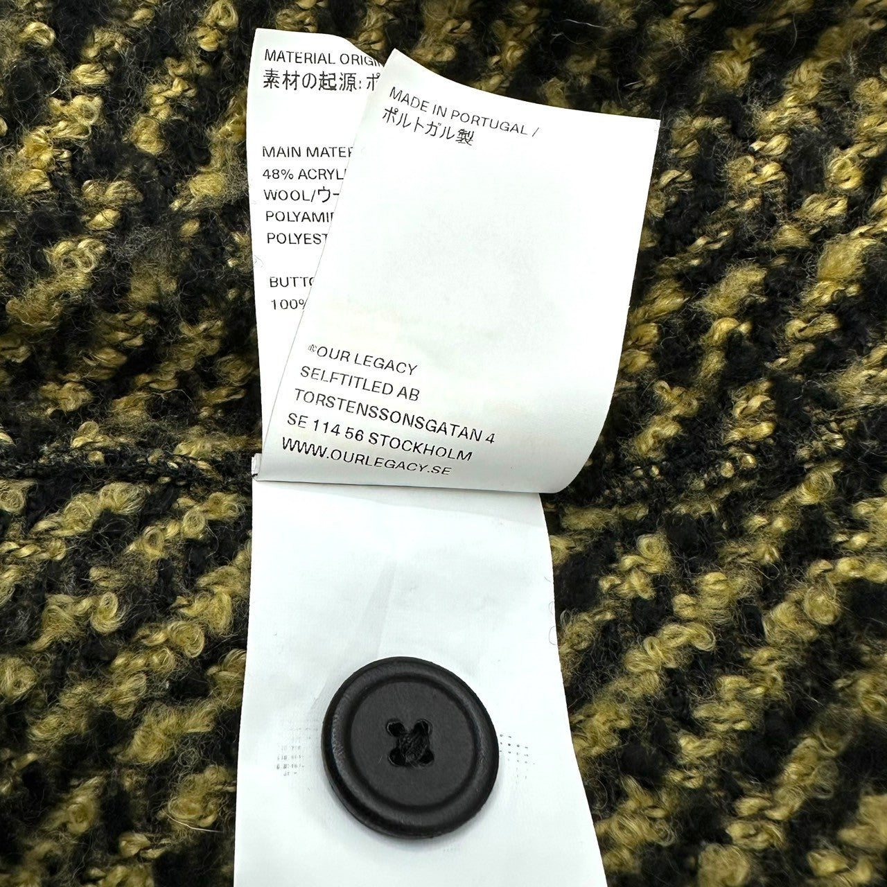 OUR LEGACY(アワーレガシー) 21AW ARCHIVE BOX JACKET アーカイブ ボックス ジャケット M4211ABB 46 イエロー×ブラック ウール ツイード