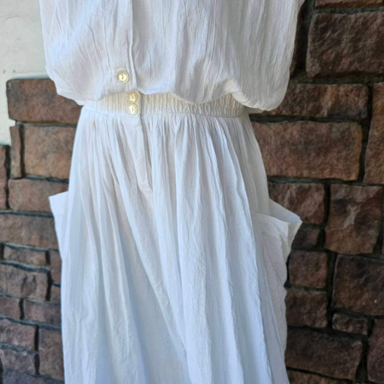 VINTAGE(ヴィンテージ) 70's double cloth nonsleeve onepiece with big pocket ポケット付き二重生地のノースリーブワンピース M~L程度 ホワイト