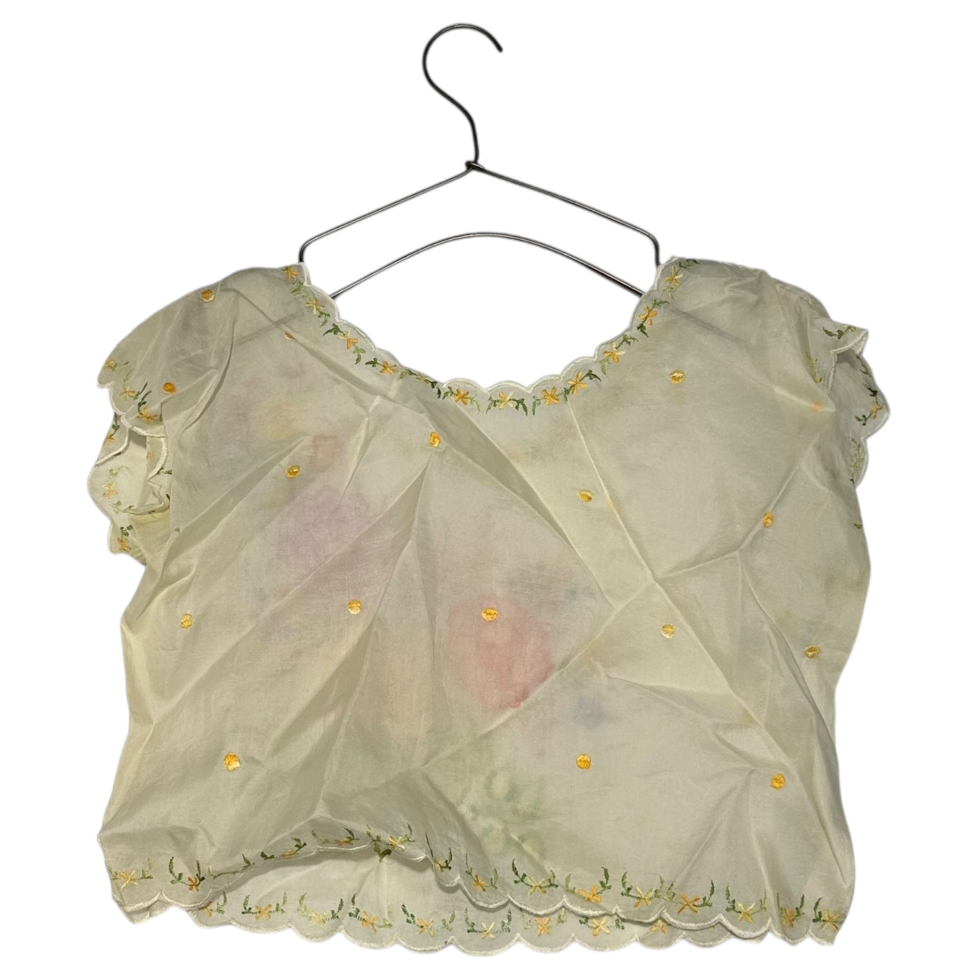 VINTAGE(ヴィンテージ) 70's~ flower embroidery short tops フラワー刺繍のフリル袖トップス ベスト M~L程度 ベージュ×マルチカラー