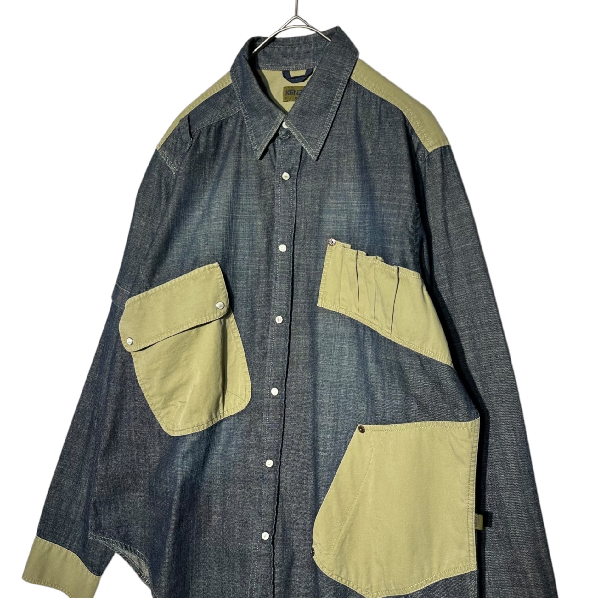 KENZO HOMME(ケンゾーオム) 90’s Archive hunting pocket denim shirt アーカイブ ハンティング ポケット デニム シャツ L インデイゴ×ベージュ 90年代