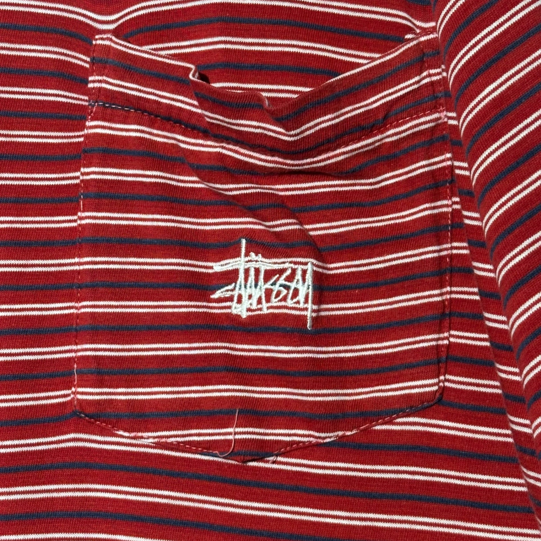 STUSSY(ステューシー) 90's USA made Striped pocket logo T-shirt ストライプ ポケット ロゴ Tシャツ L レッド 90年代 USA製 ヴィンテージ OLD ENJOY YOURSELF 白タグ