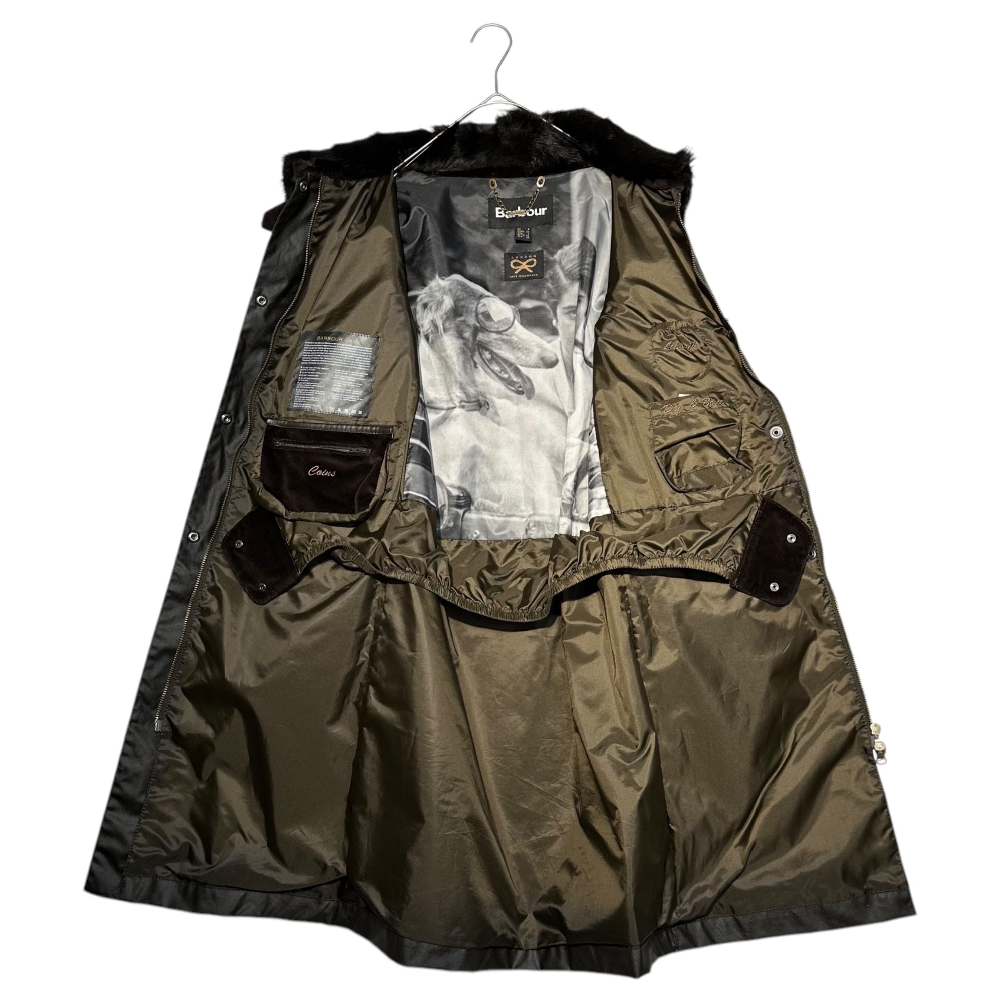 Barbour × ANYA HINDMARCH(バブアー × アニヤハインドマーチ) Fur-embellished oiled jacket coat ファー装飾 オイルド ジャケット コート 34(XS~S程度) ダークブラウン コラボアイテム 稀少品