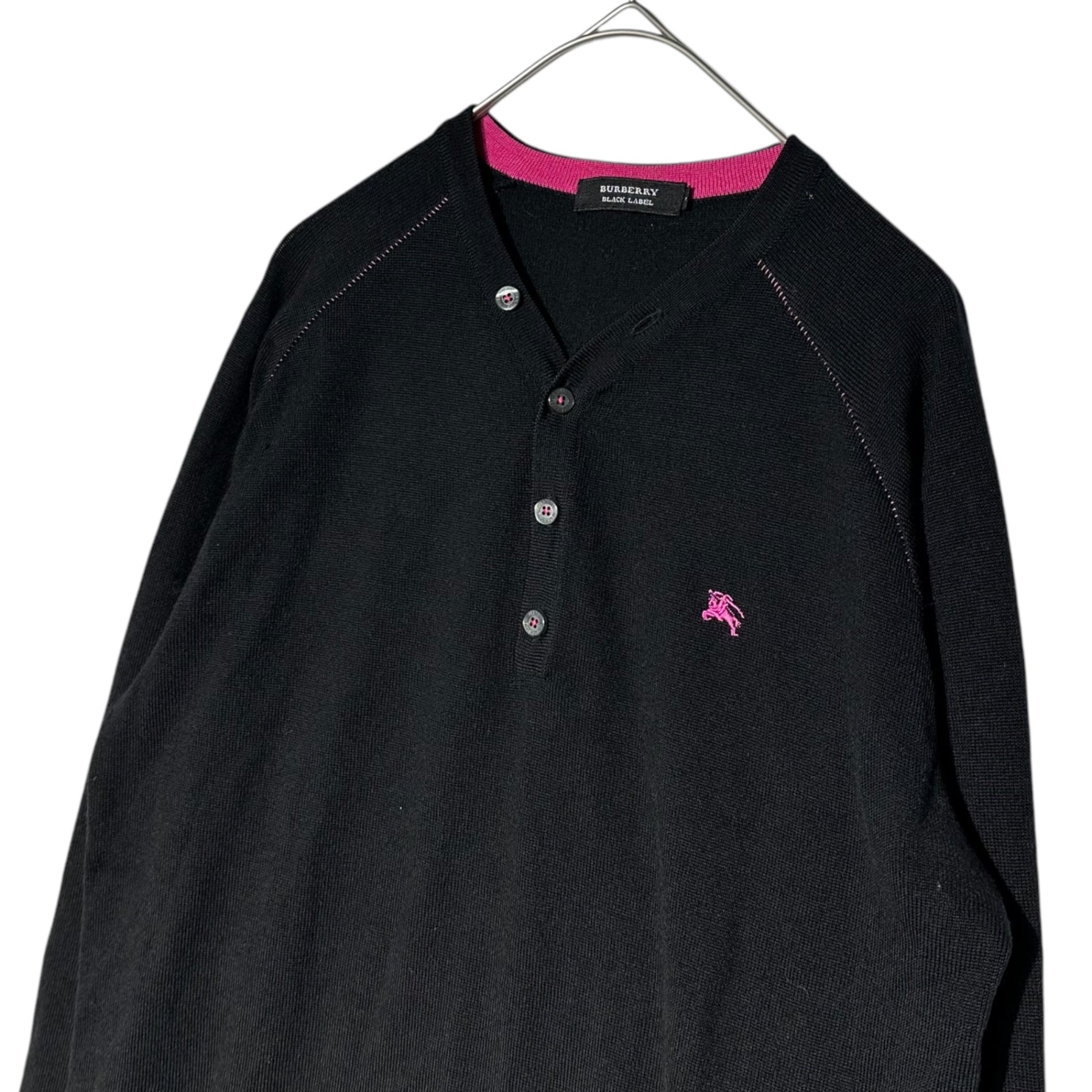 BURBERRY BLACK LABEL(バーバリーブラックレーベル) ホースロゴ刺繍 ヘンリーネック ウール ニット BMT73-305-09 2(M程度) ブラック×ピンク
