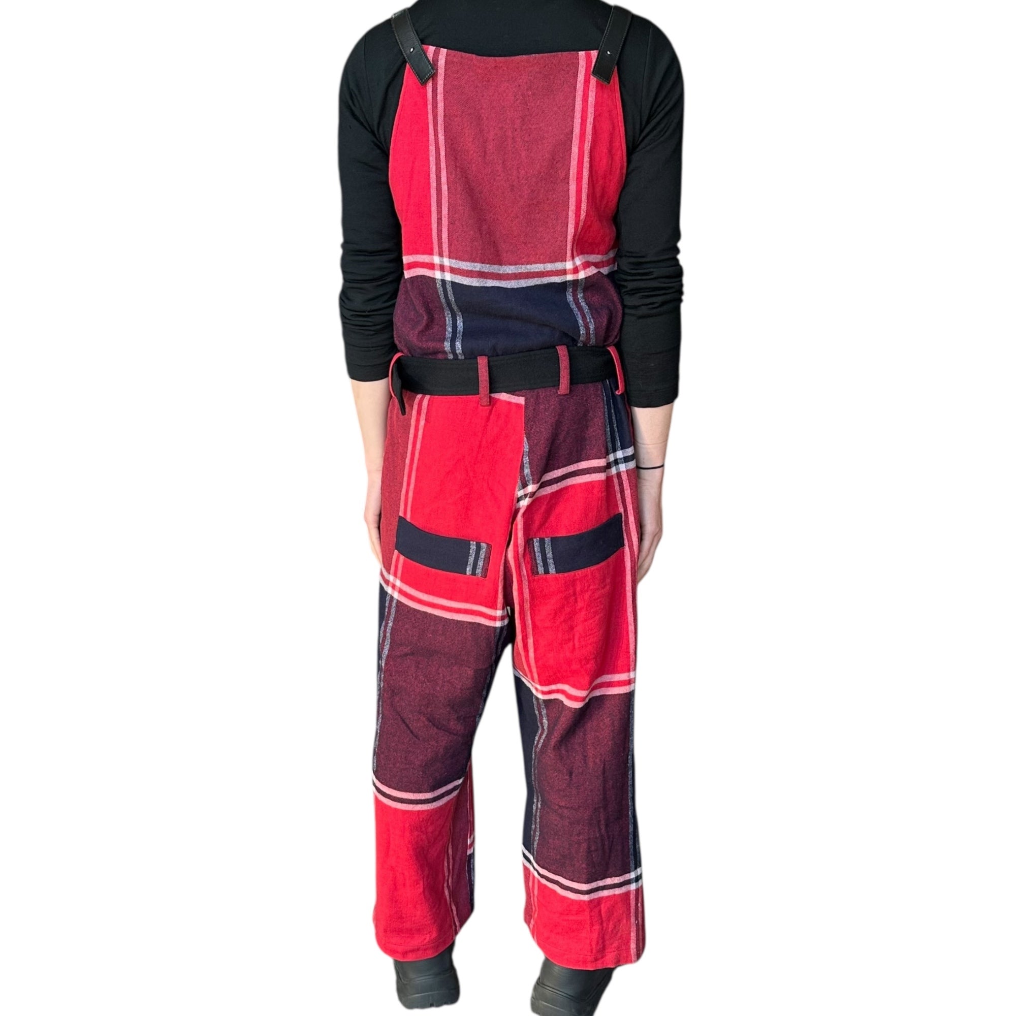 Y's(ワイズ) Leather Shoulder Check Linen Wool Overalls レザー ショルダー チェック リネン ウール オーバーオール YU-D09-139 2(M程度) レッド×ネイビー 男性着用可能サイズ