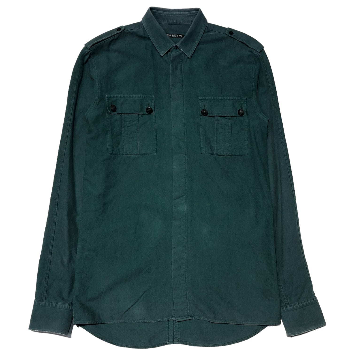 BALMAIN(バルマン) 00's epaulette cotton shirt エポレット ミリタリー コットン 比翼 長袖 シャツ 14 1/2 37(S程度) グリーン フランス製