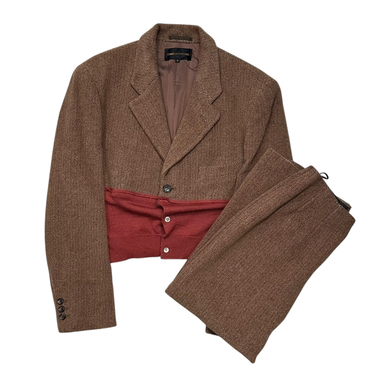 COMME des GARCONS(コムデギャルソン) 1993AW Tweed and knit panel jacket and skirt matching setup ツイード ニット 切替 ジャケット スカート セットアップ GJ-04050 M ブラウン×レッド 90's 90年代