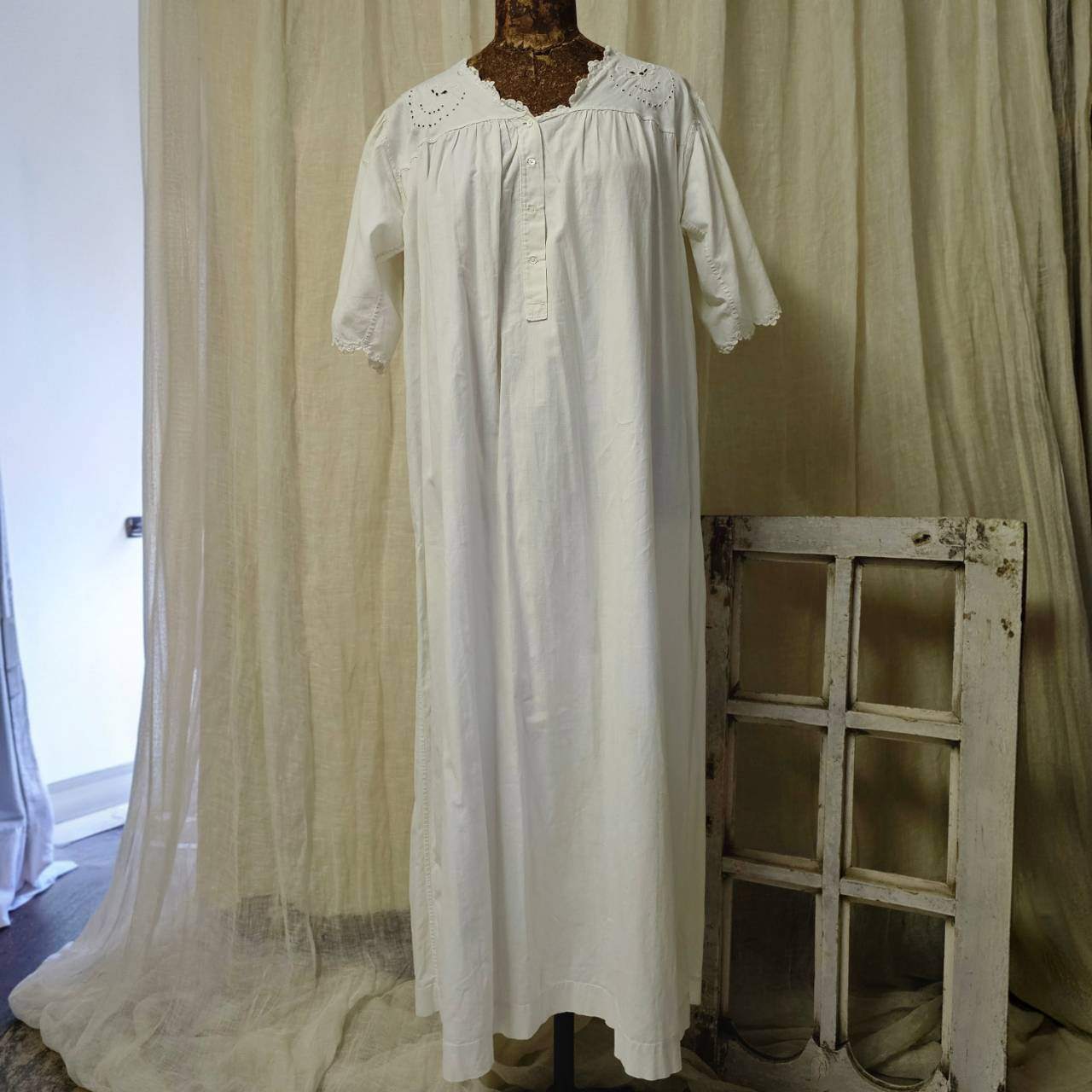 Euro Vintage(ヨーロッパヴィンテージ) Meduse_10'~20's french cotton flower embroidery short sleeve long dress /フレンチコットン花刺繍半袖ロングワンピース 表記なし(Mサイズ程度) ホワイト