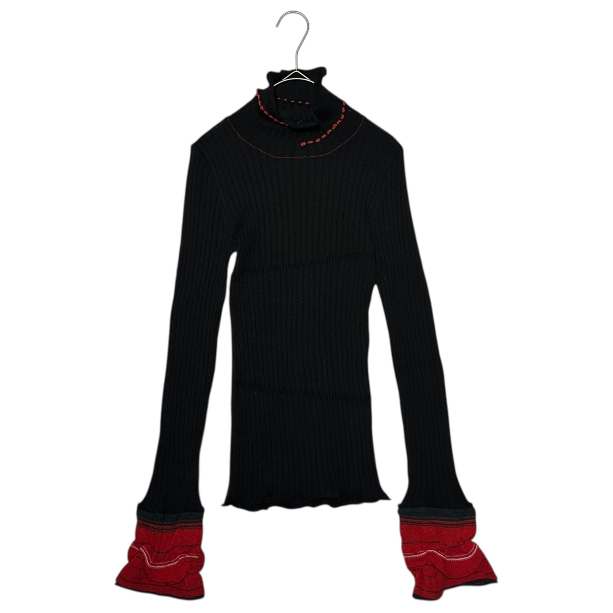 MARITHE FRANCOIS GIRBAUD(マリテフランソワジルボー) 00's Turtleneck Bell Sleeve Rib Knit タートルネック ベル スリーブ リブ ニット F7-8139 S ブラック×レッド Y2K