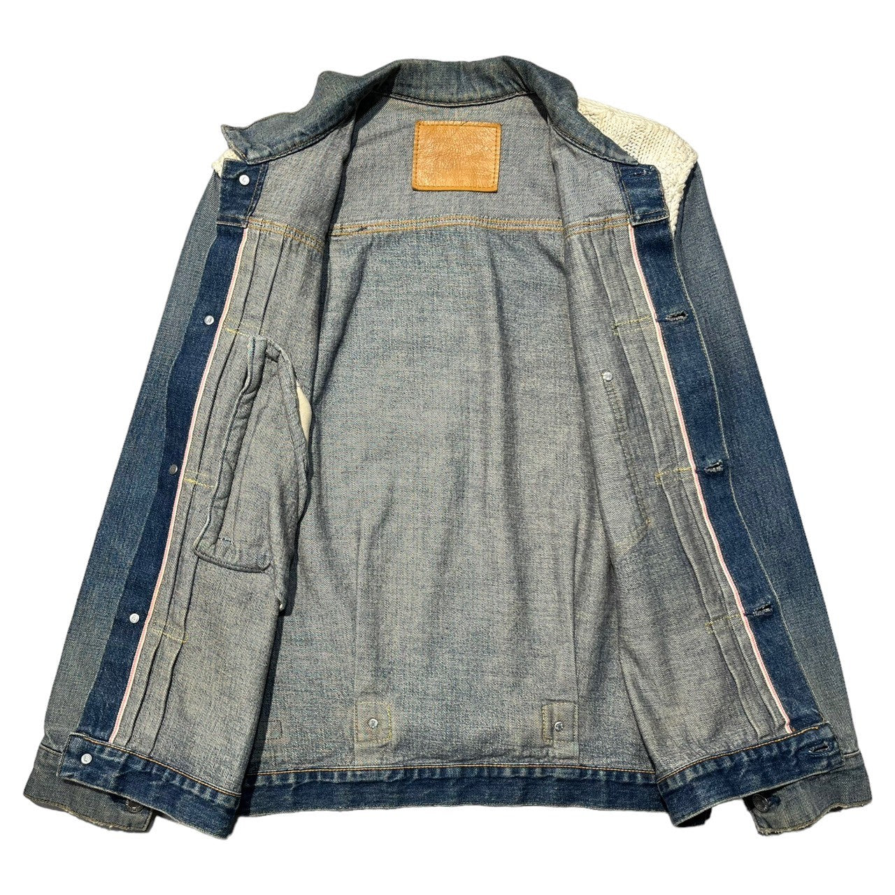 FRAGMENT DESIGN × LEVI'S FENOM(フラグメントデザイン×リーバイスフェノム) 00's Knit switching 1st model trucker denim jacket ニット切替 ファーストモデル トラッカー デニムジャケット 3016-2 FM13-0001 M インディゴ×オフホワイト 藤原ヒロシ モンクレールコラボ元ネタ ヴィンテージ加工(汚れは加工です)