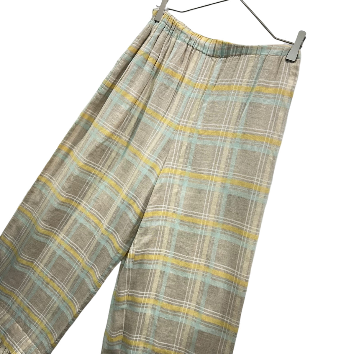 robe de chambre COMME des GARCONS(ローブドシャンブルコムデギャルソン) 2000SS Checked-Linen Pants with Ruffled Hem 裾 フリル 装飾 チェック リネン パンツ RP-100210 FREE ベージュ×ブルー×イエロー AD1999 00s アーカイブ 男性着用可能