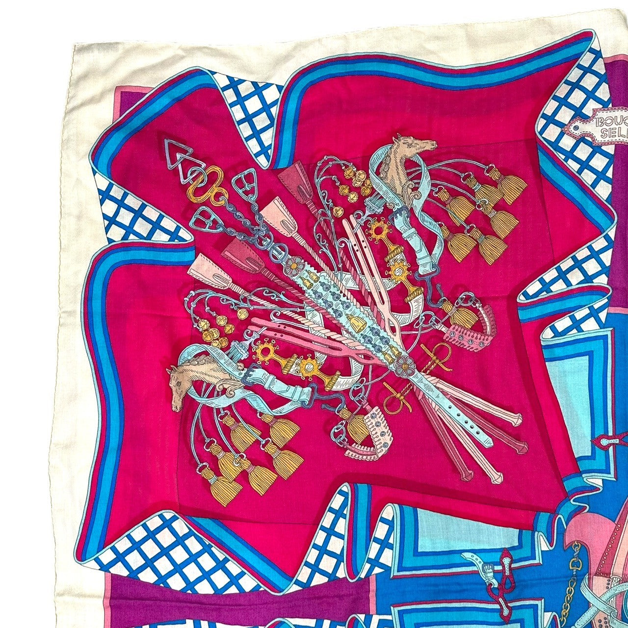 HERMES(エルメス) ”BOUQUETS SELLIER” Carre 140 ”鞍職人の花束” カレ 140 ピンク×ブルー カシミア シルク 大判 ストール スカーフ