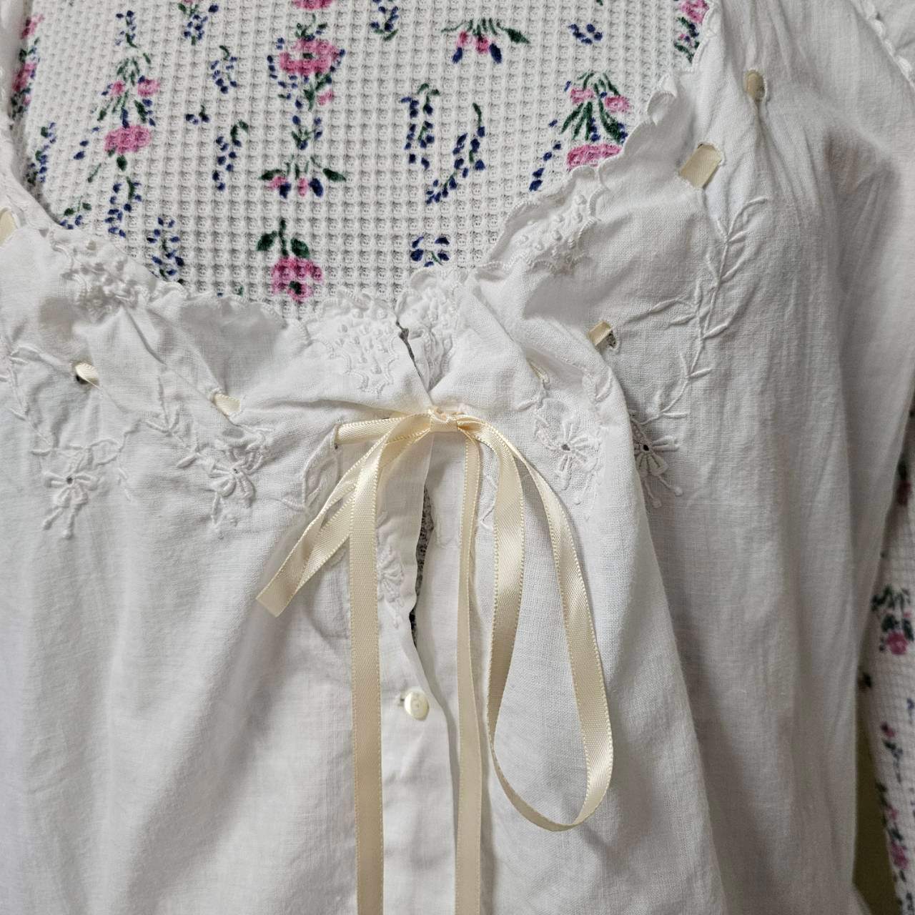Euro antique(ヨーロッパアンティーク) 20’~30's piping stich remake nighty dress onepiece パイピングリボン付きリメイクコットンナイティドレス /ワンピース 表記無し(M~Lサイズ程度) ホワイト×ペールピンク