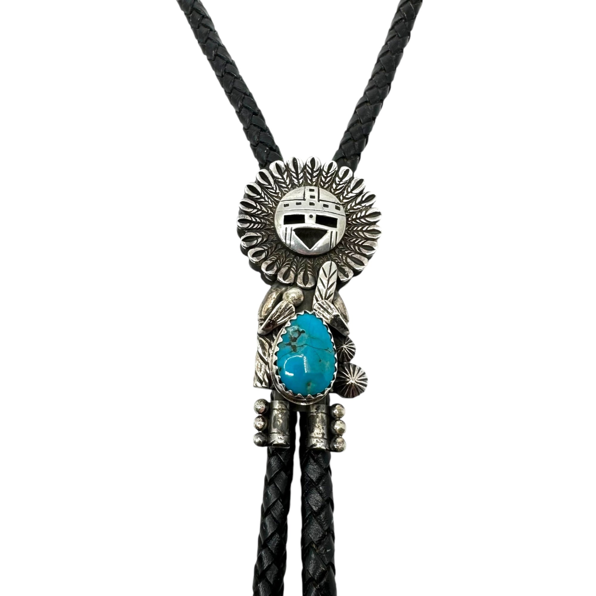 Indian Jewelry(インディアンジュエリー) 925 Sunface leather bolo tie サンフェイス ターコイズ レザー ボロタイ ブラック アロー刻印 弓矢